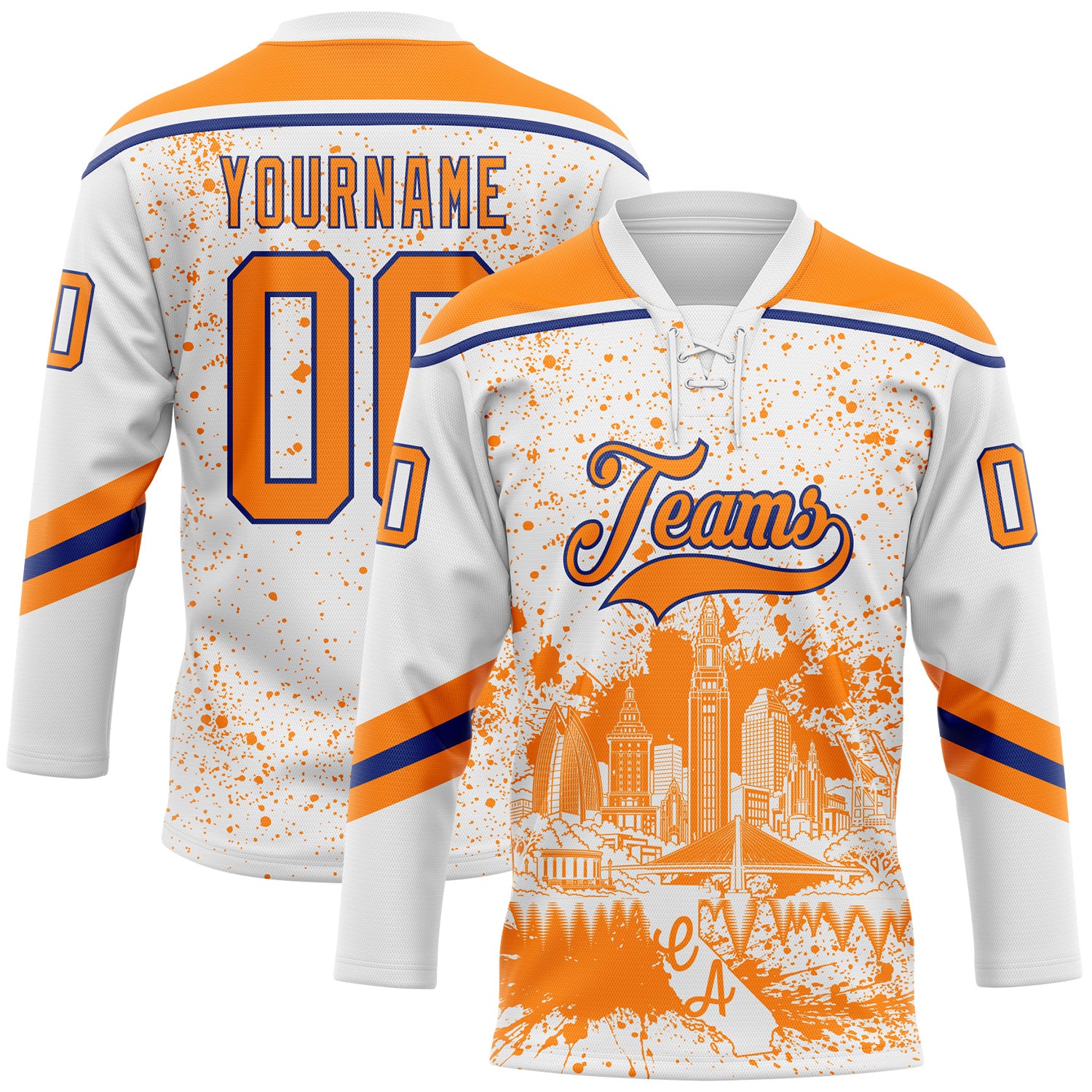 FansIdea Custom White Bay Orange-Royal Oakland CA City Skyline State Pride Paint Splatter Lace Neck Hockey Jersey - $29.99 at Proof Eyewear