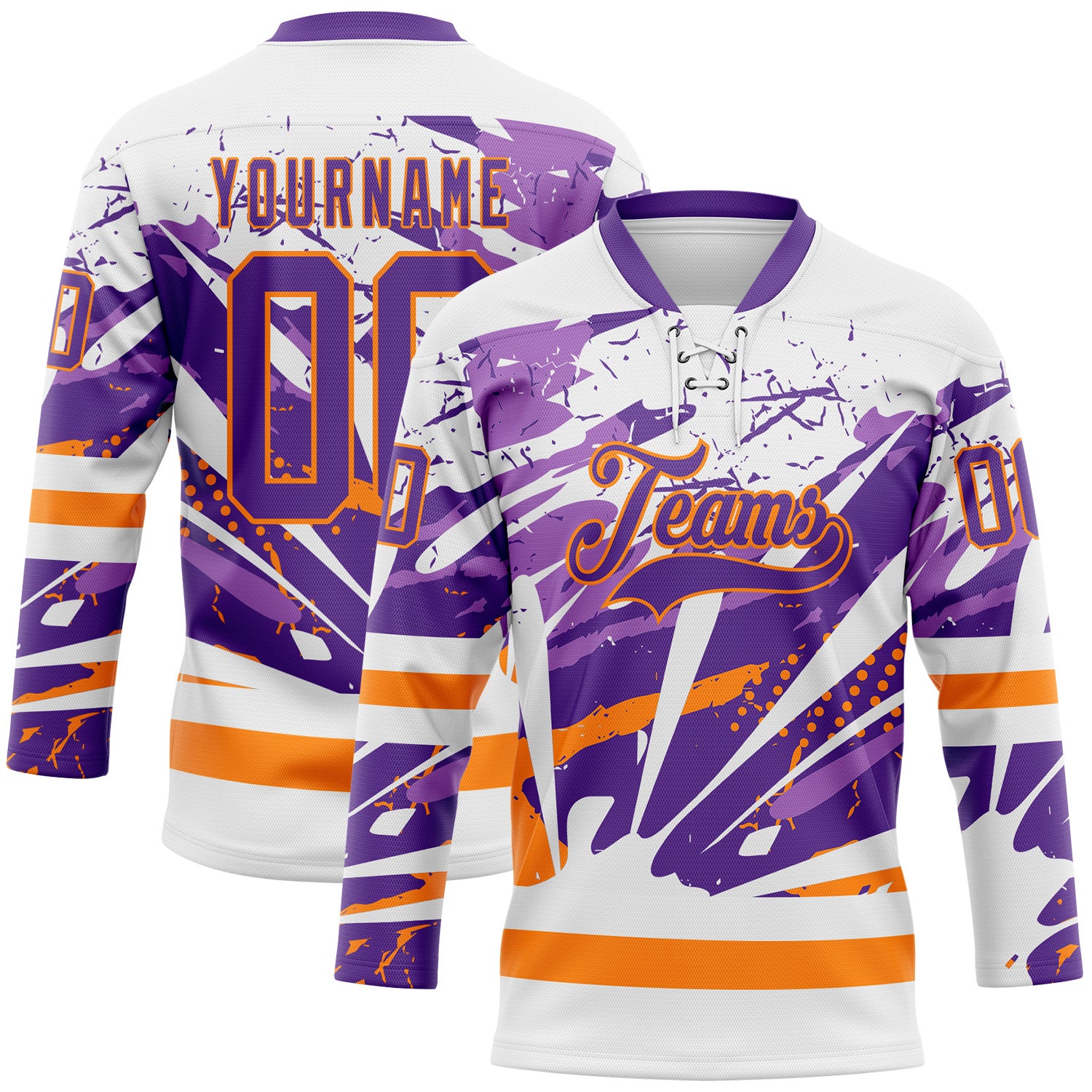 FansIdea Custom White Purple-Bay Orange Abstract Splatter Paint Hockey Lace Neck Jersey - $29.99 at Proof Eyewear