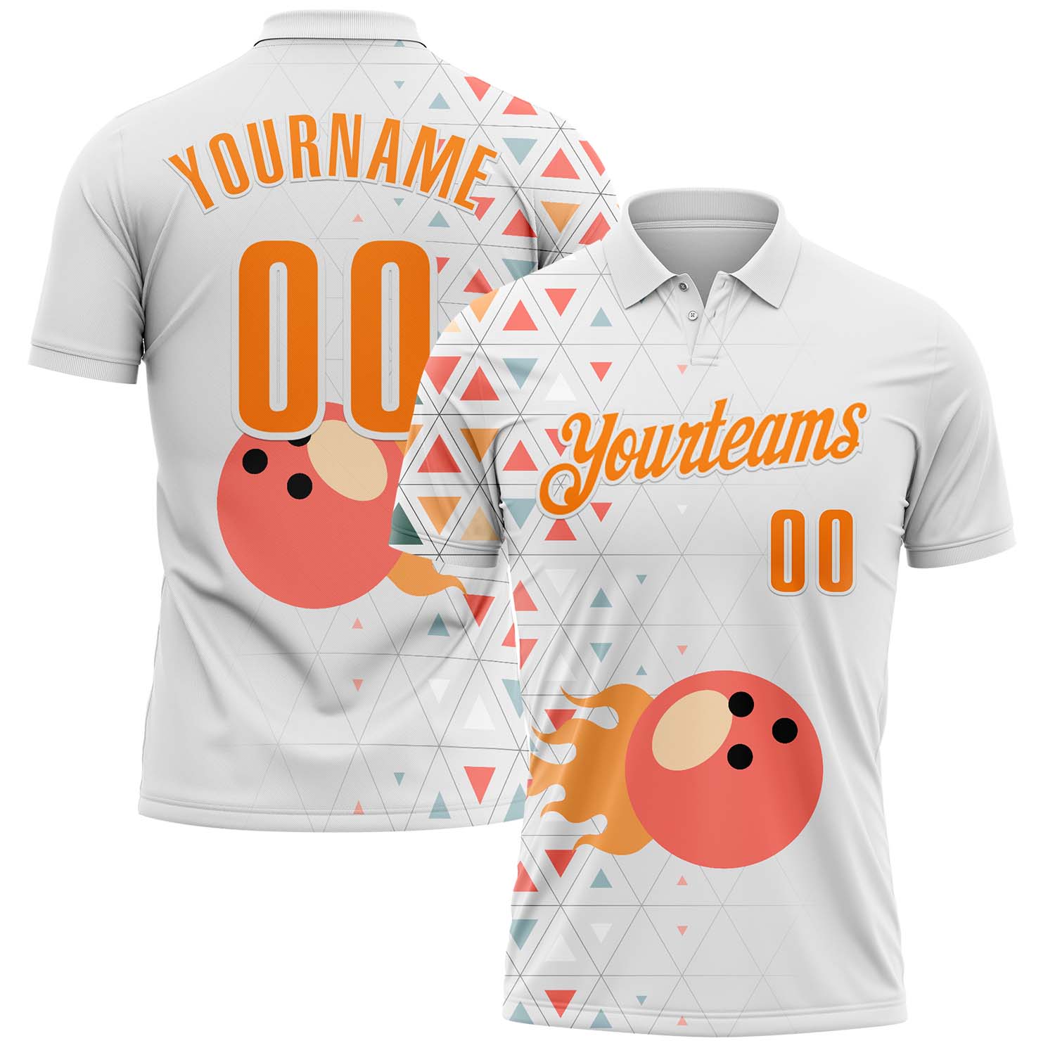 FansIdea Custom White-Bay Orange Bowling Ball Geometric Performance Polo Shirt - $19.99 at Proof Eyewear