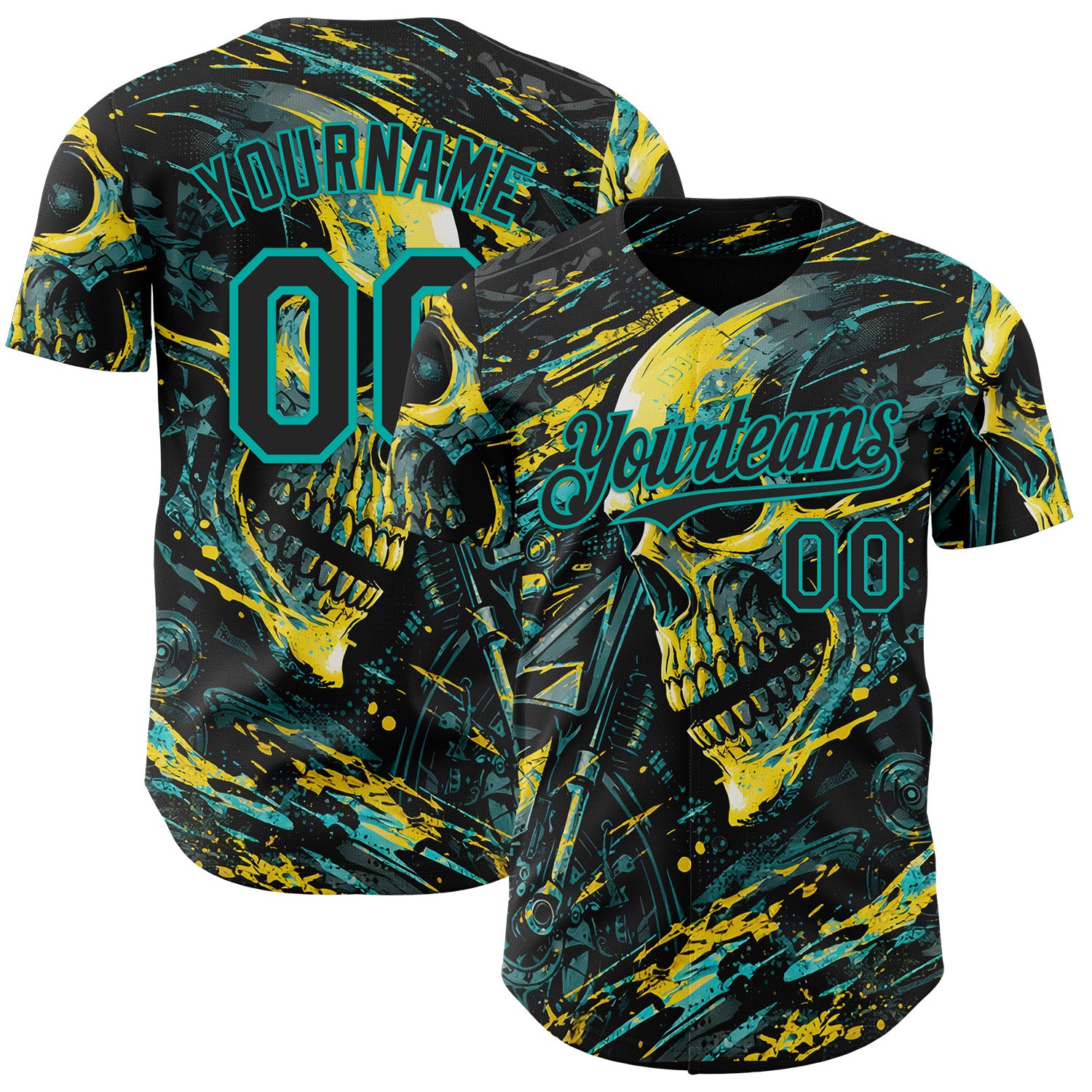 FansIdea Custom Black Yellow-Aqua 3D Pattern Design Motorcycle Motocross Skull Authentic Baseball Jersey - $29.99 at Proof Eyewear