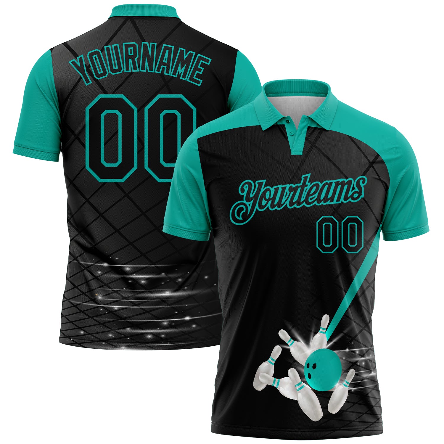FansIdea Custom Black-Aqua Bowling Geometric Grid Performance Polo Shirt - $19.99 at Proof Eyewear