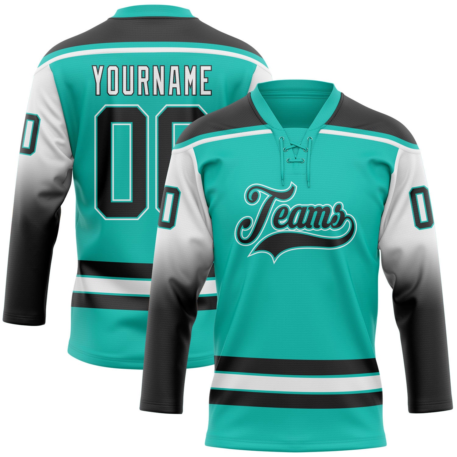 FansIdea Custom Aqua Black-White Gradient Sleeves Lace Neck Hockey Jersey - $29.99 at Proof Eyewear