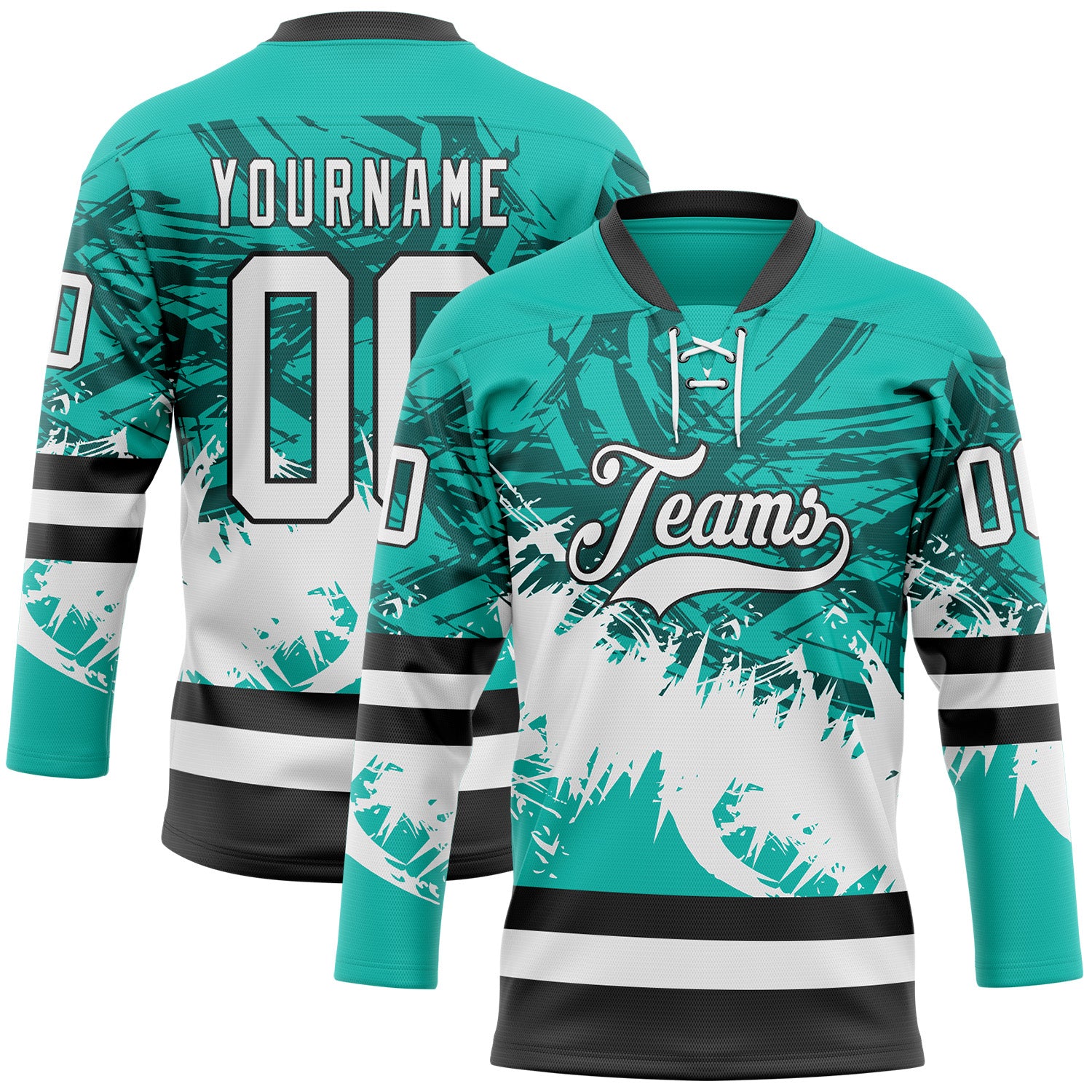 FansIdea Custom Aqua White-Black Abstract Splatter Paint Hockey Lace Neck Jersey - $29.99 at Proof Eyewear