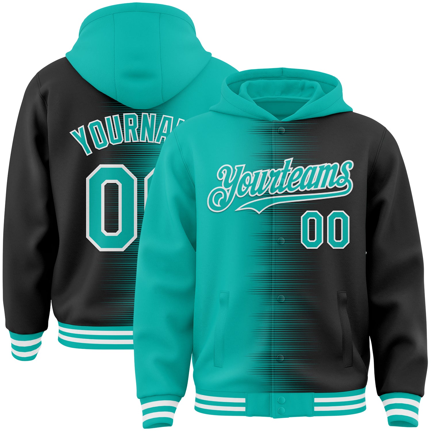 FansIdea Custom Aqua Black-White Gradient Line Bomber Full-Snap Varsity Letterman Hoodie Jacket - $38.99 at Proof Eyewear