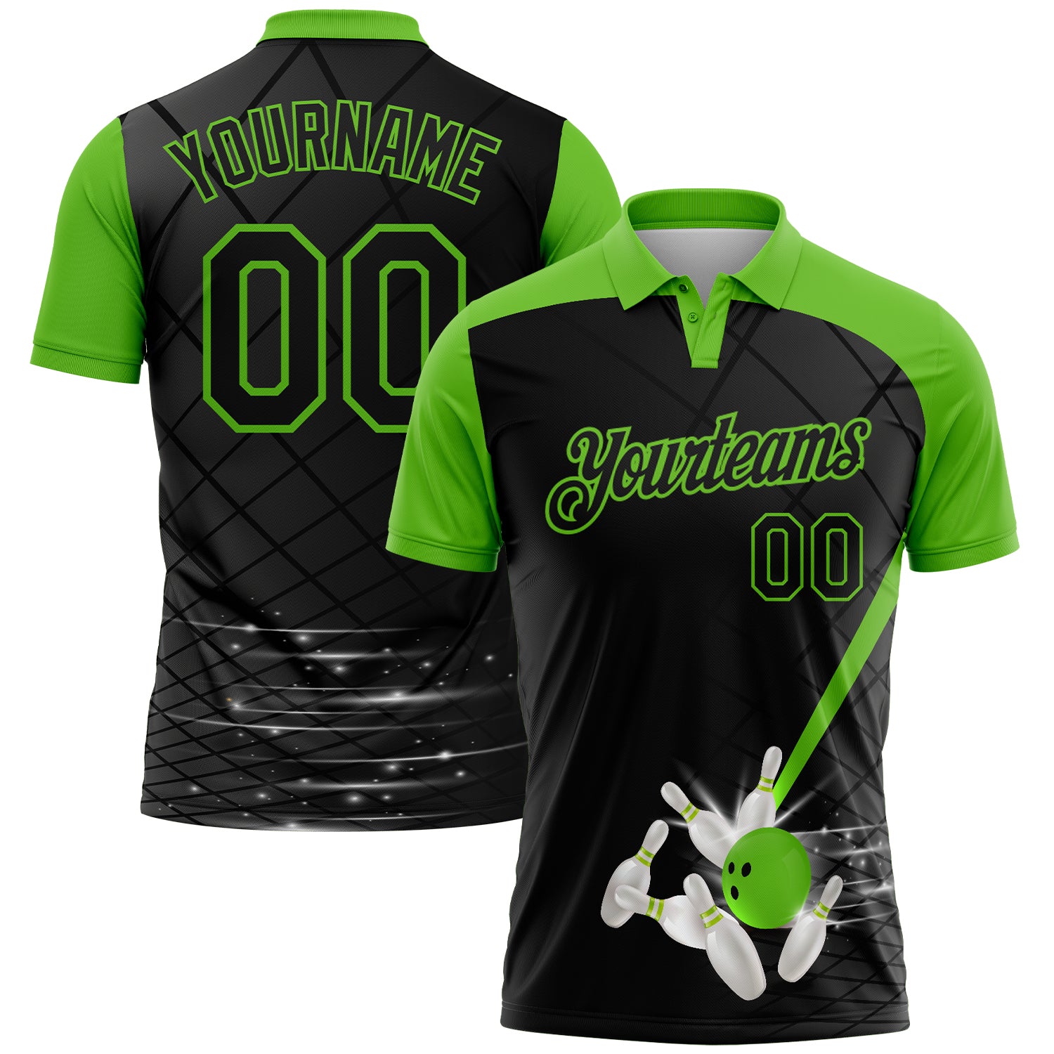 FansIdea Custom Black-Aurora Green Bowling Geometric Grid Performance Polo Shirt - $19.99 at Proof Eyewear