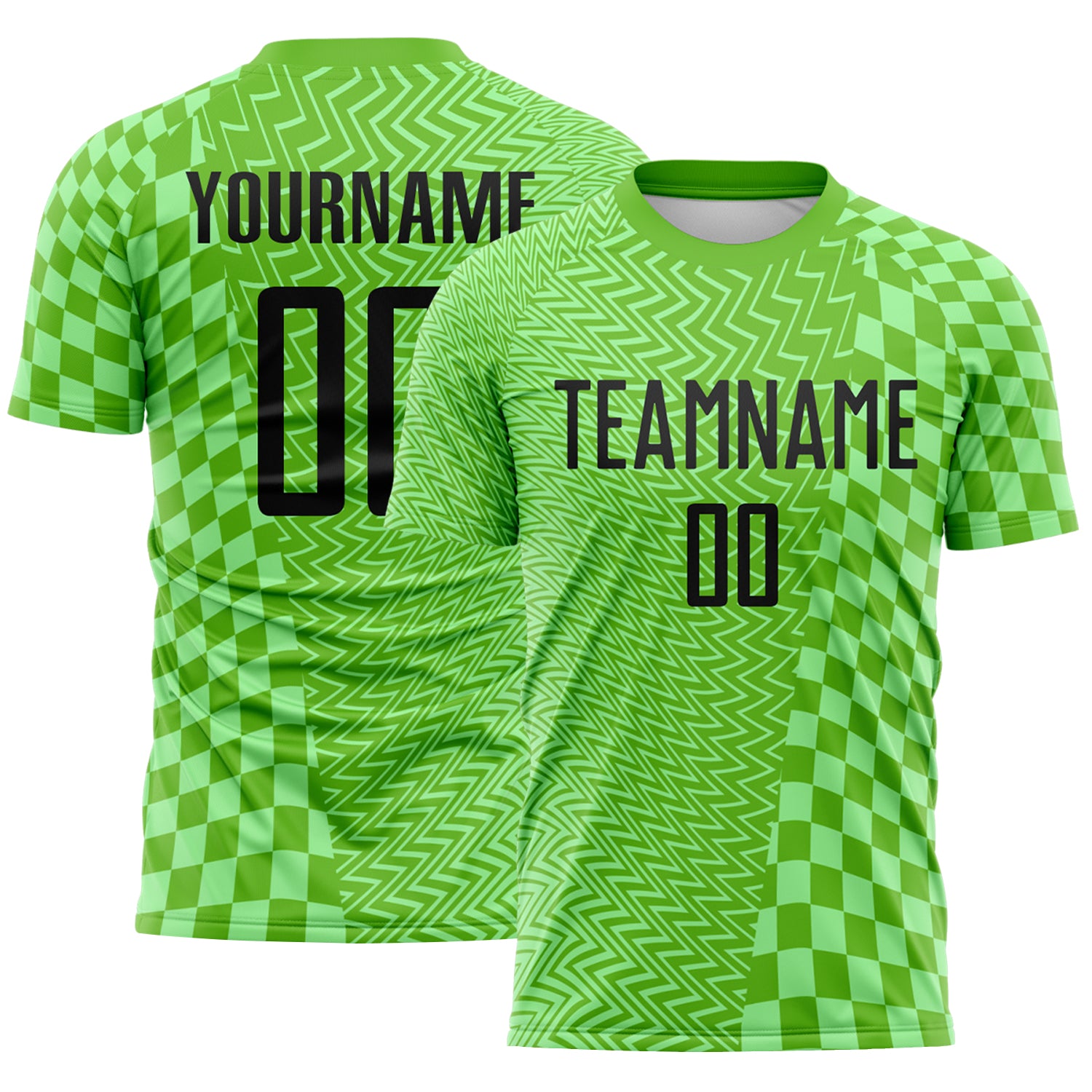 FansIdea Custom Aurora Green Black-Pea Green Geometric Patchwork Asymmetry Checkered Zigzag Lines Sublimation Soccer Uniform Jersey - $16.99 at Proof Eyewear