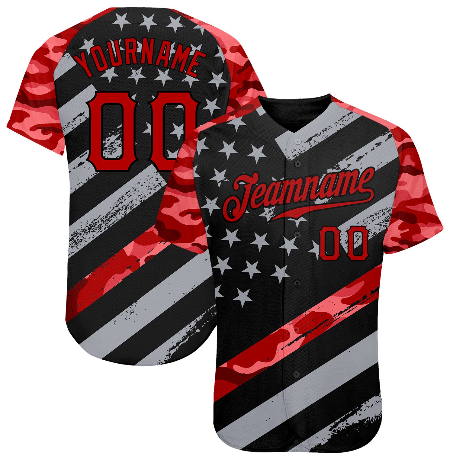 FansIdea Custom Black Red American Flag Patriotic Camo Raglan Sleeves Authentic Baseball Jersey - $29.99 at Proof Eyewear
