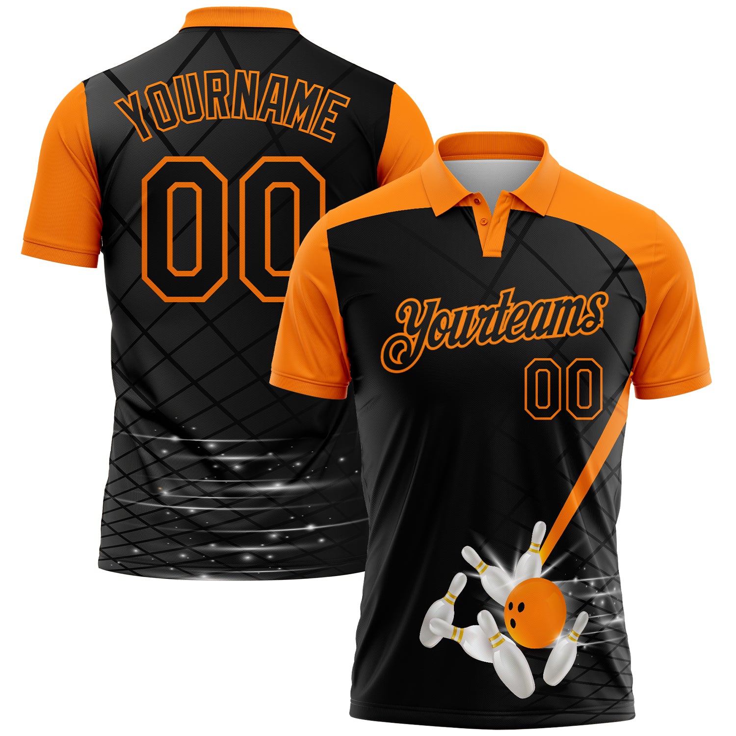FansIdea Custom Black-Bay Orange Bowling Geometric Grid Performance Polo Shirt - $19.99 at Proof Eyewear