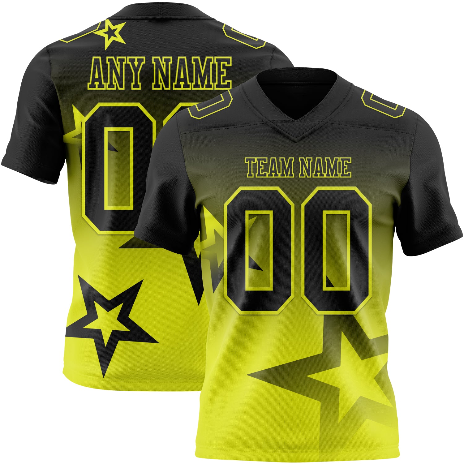 FansIdea Custom Black-Neon Yellow Authentic Gradient Style Twinkle Star Football Jersey - $19.99 at Proof Eyewear