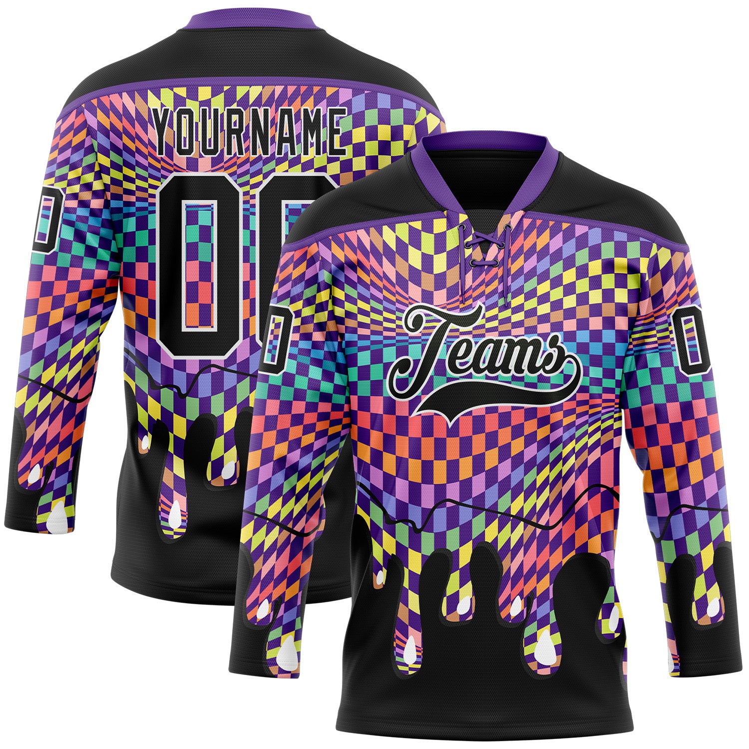FansIdea Custom Black White-Purple Melting Rave Psychedelic Checkerboard Lace Neck Hockey Jersey - $29.99 at Proof Eyewear