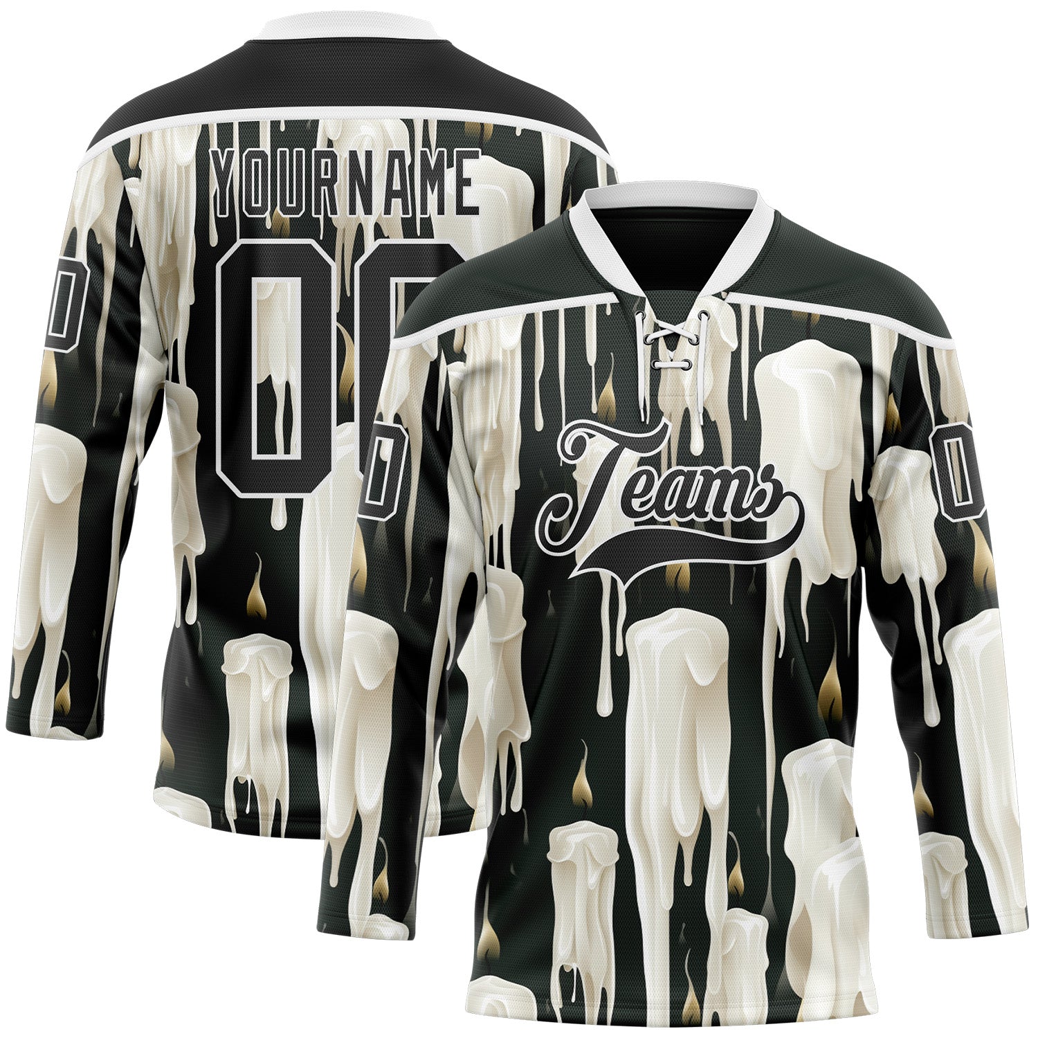 FansIdea Custom Black-White Melting Candle Rave Psychedelic Lace Neck Hockey Jersey - $29.99 at Proof Eyewear