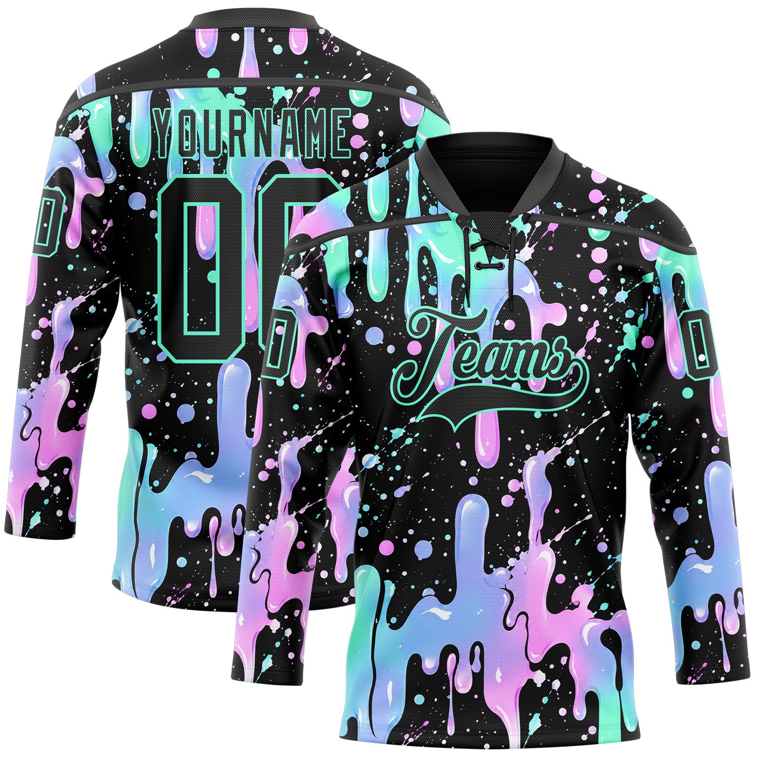 FansIdea Custom Black-Green Melting Rave Psychedelic Lace Neck Hockey Jersey - $29.99 at Proof Eyewear