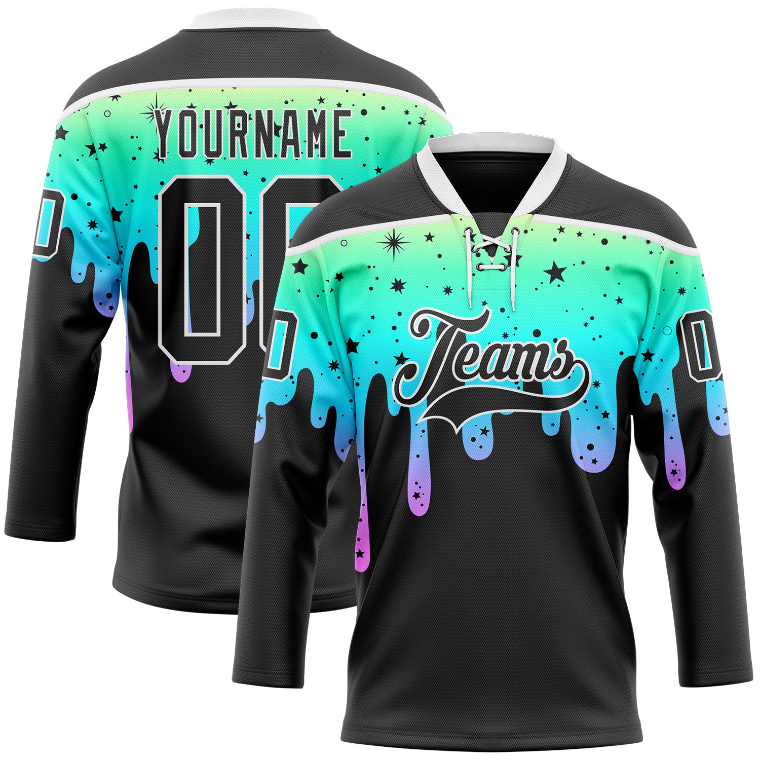 FansIdea Custom Black-White Melting Rave Psychedelic Lace Neck Hockey Jersey - $29.99 at Proof Eyewear
