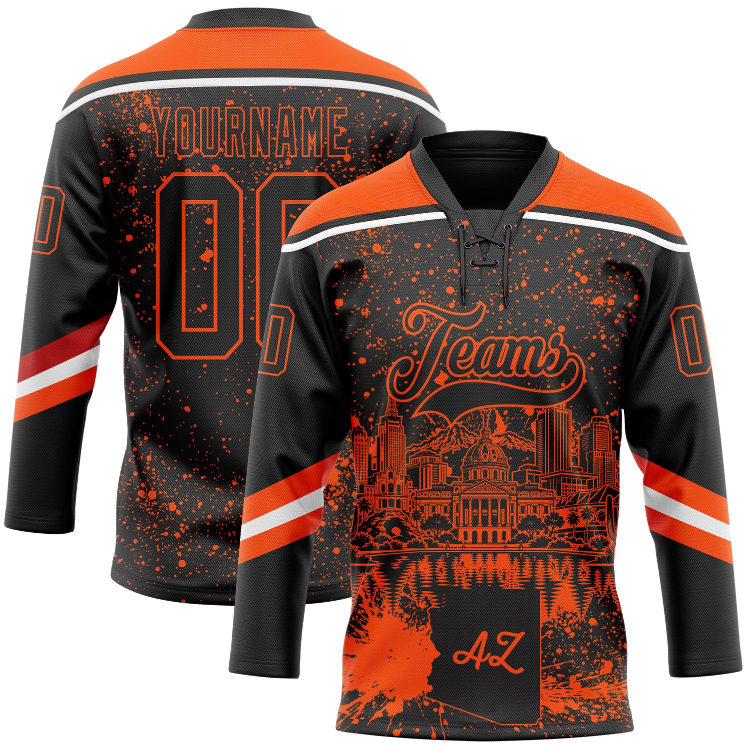 FansIdea Custom Black Orange-White Phoenix AZ City Skyline State Pride Paint Splatter Lace Neck Hockey Jersey - $29.99 at Proof Eyewear