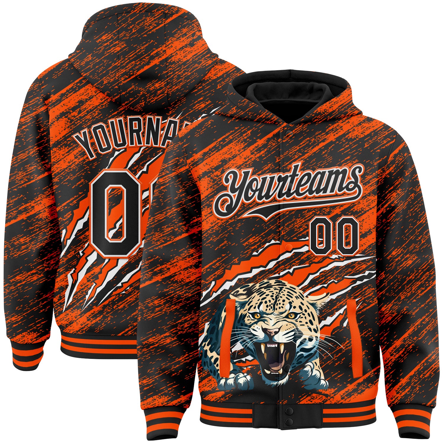 FansIdea Custom Black Orange-White Leopard Claw Scratch Brush Stroke Bomber Full-Snap Varsity Letterman Hoodie Jacket - $38.99 at Proof Eyewear