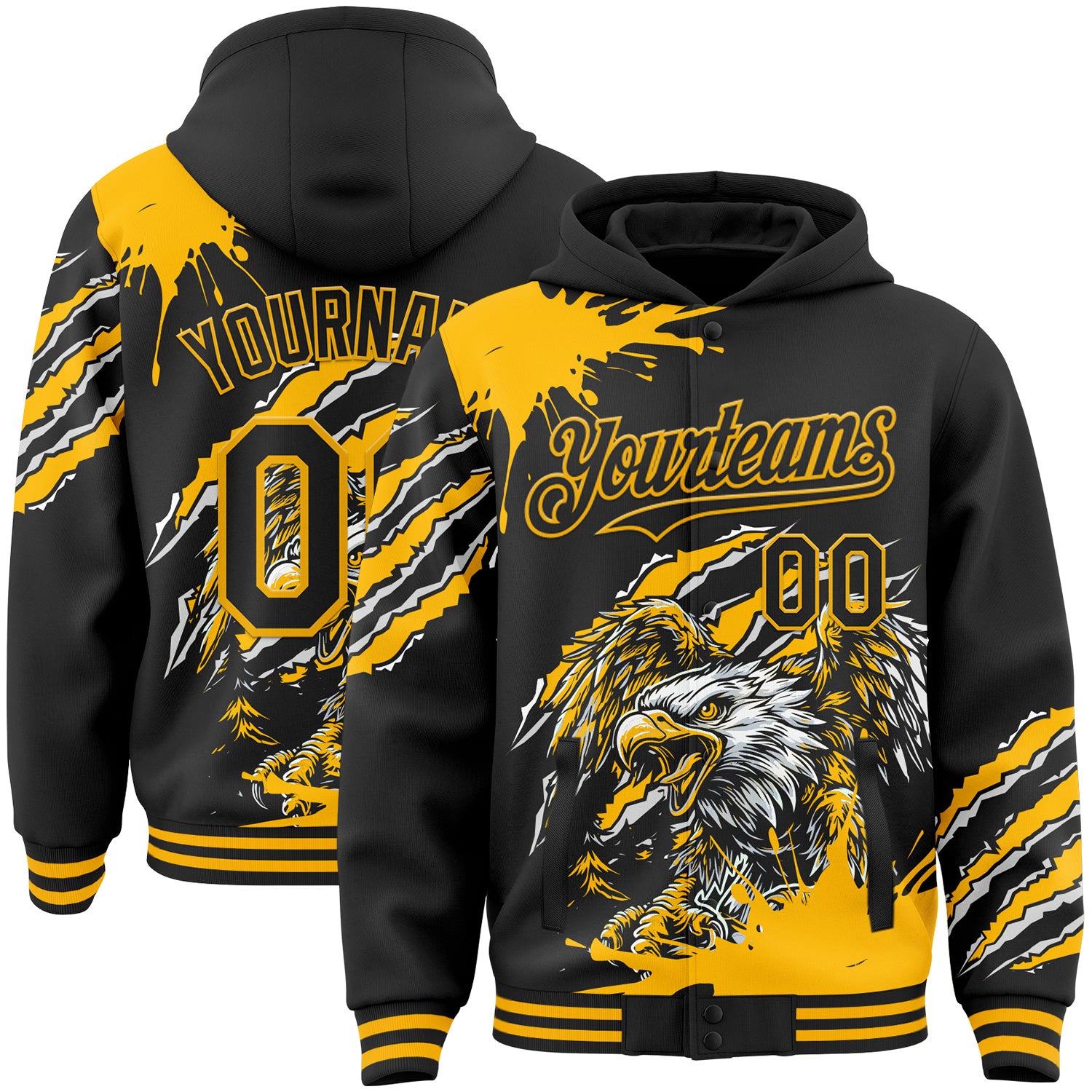 FansIdea Custom Black-Gold Eagle Claw Scratch Splatter Bomber Full-Snap Varsity Letterman Hoodie Jacket - $38.99 at Proof Eyewear