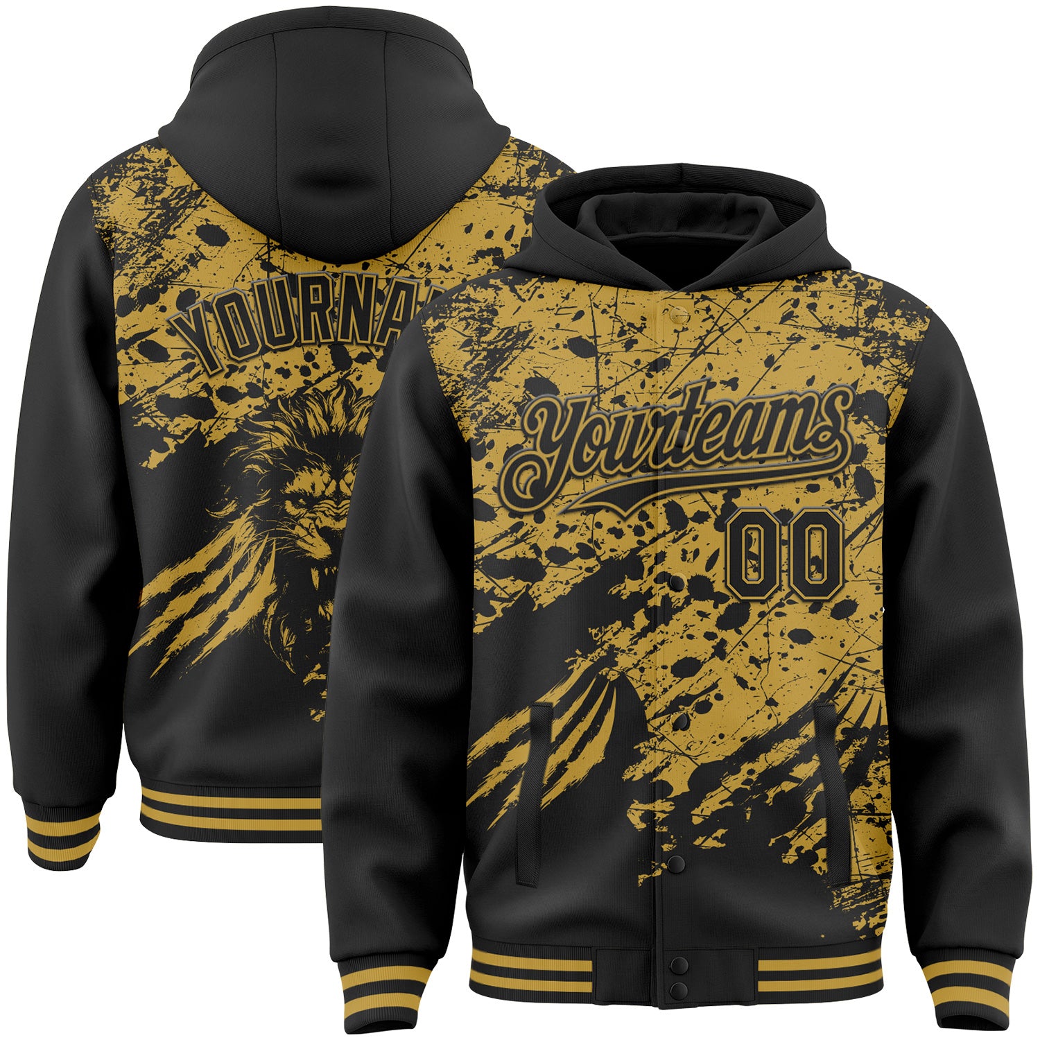 FansIdea Custom Black-Old Gold Lion Claw Scratch Paint Splatter Bomber Full-Snap Varsity Letterman Hoodie Jacket - $38.99 at Proof Eyewear