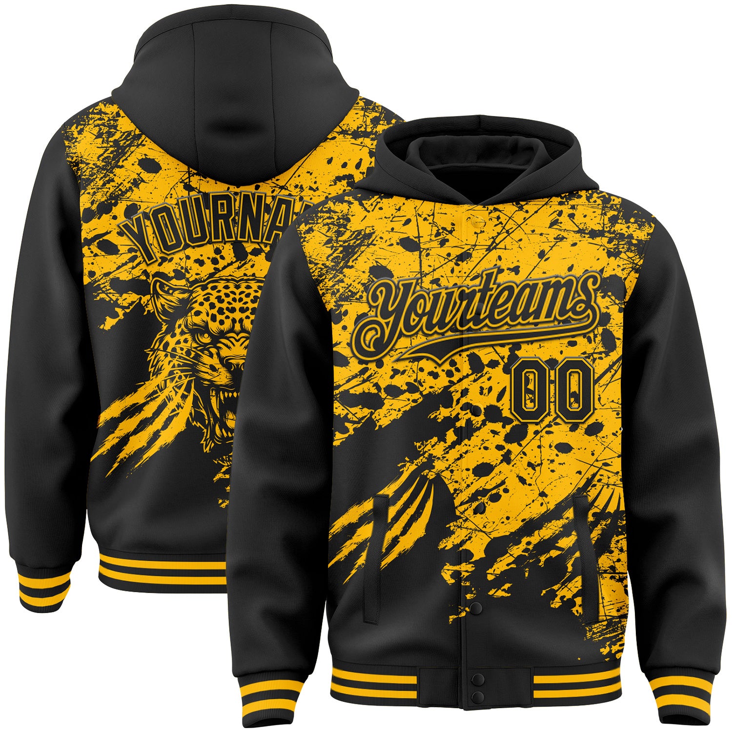 FansIdea Custom Black-Gold Lion Claw Scratch Paint Splatter Bomber Full-Snap Varsity Letterman Hoodie Jacket - $38.99 at Proof Eyewear
