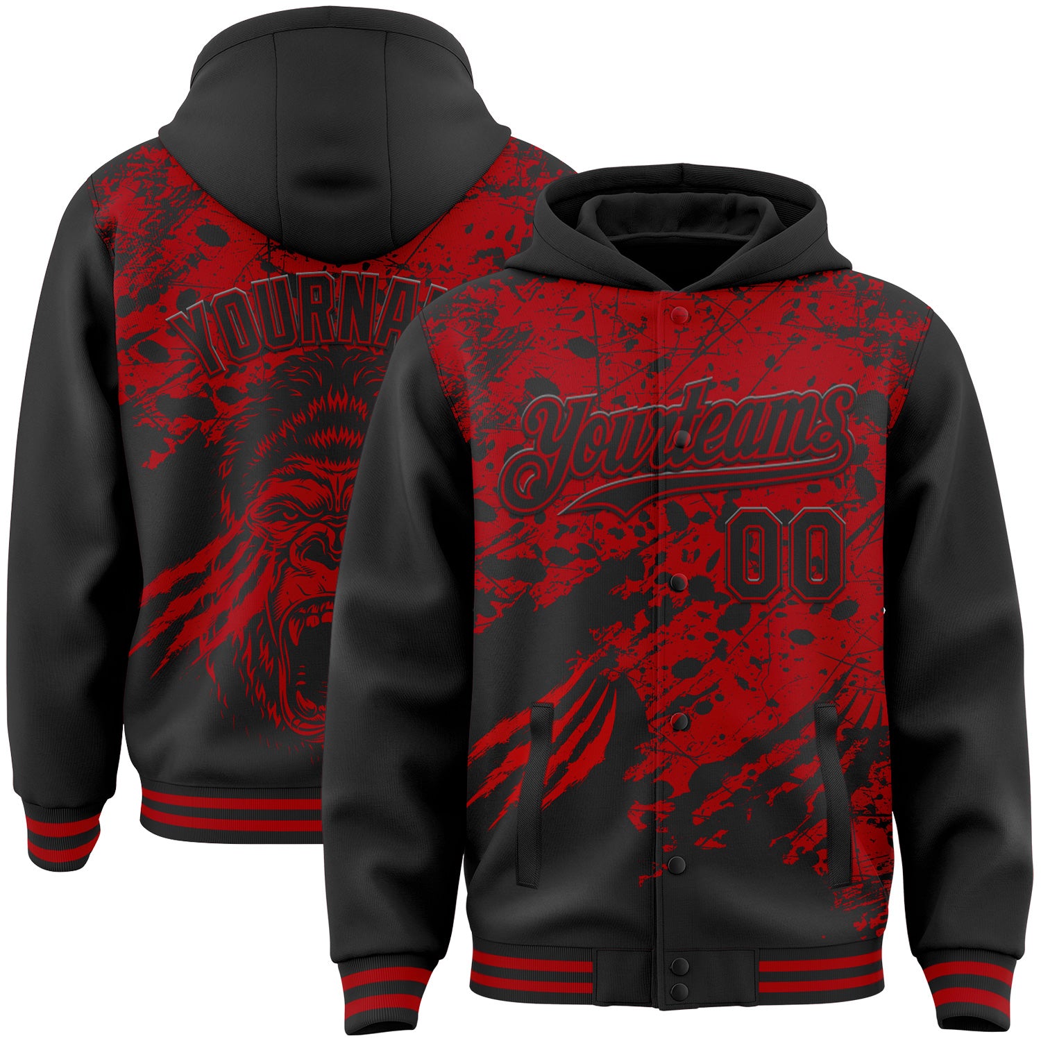 FansIdea Custom Black-Red Gorilla Claw Scratch Paint Splatter Bomber Full-Snap Varsity Letterman Hoodie Jacket - $38.99 at Proof Eyewear