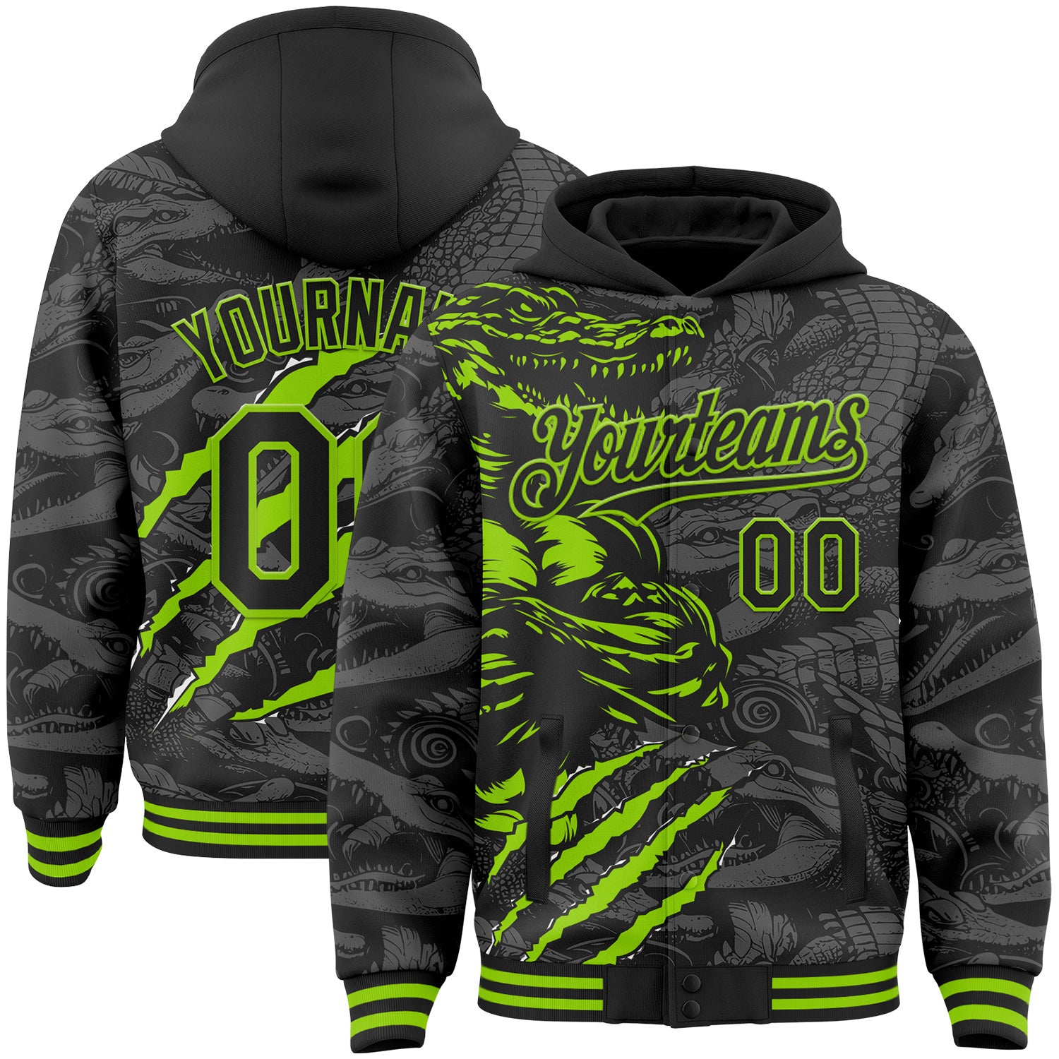 FansIdea Custom Black-Neon Green Alligator Claw Scratch Bomber Full-Snap Varsity Letterman Hoodie Jacket - $38.99 at Proof Eyewear