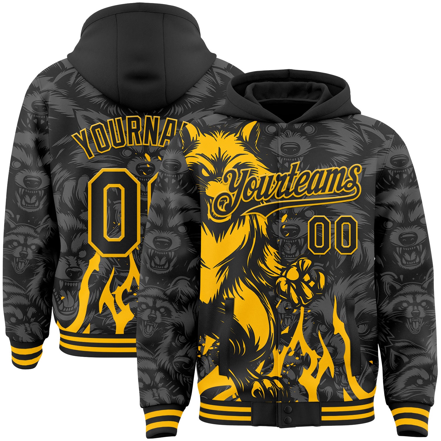 FansIdea Custom Black-Gold Raccoon Bomber Full-Snap Varsity Letterman Hoodie Jacket - $38.99 at Proof Eyewear
