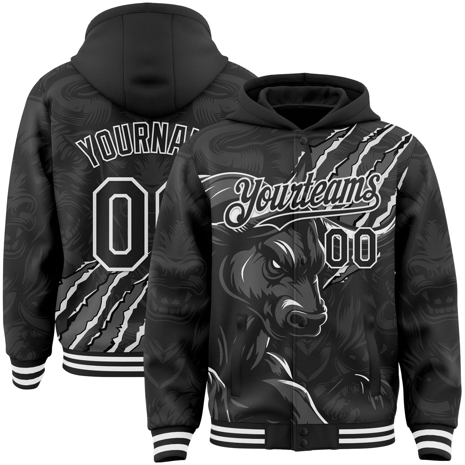 FansIdea Custom Black Gray-White Bull Scratch Bomber Full-Snap Varsity Letterman Hoodie Jacket - $38.99 at Proof Eyewear