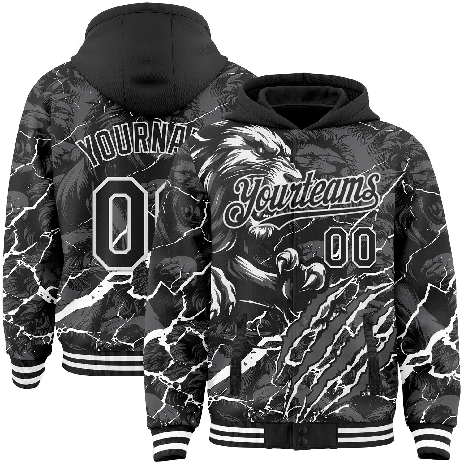 FansIdea Custom Black Gray-White Lion Lightning Claw Scratch Bomber Full-Snap Varsity Letterman Hoodie Jacket - $38.99 at Proof Eyewear
