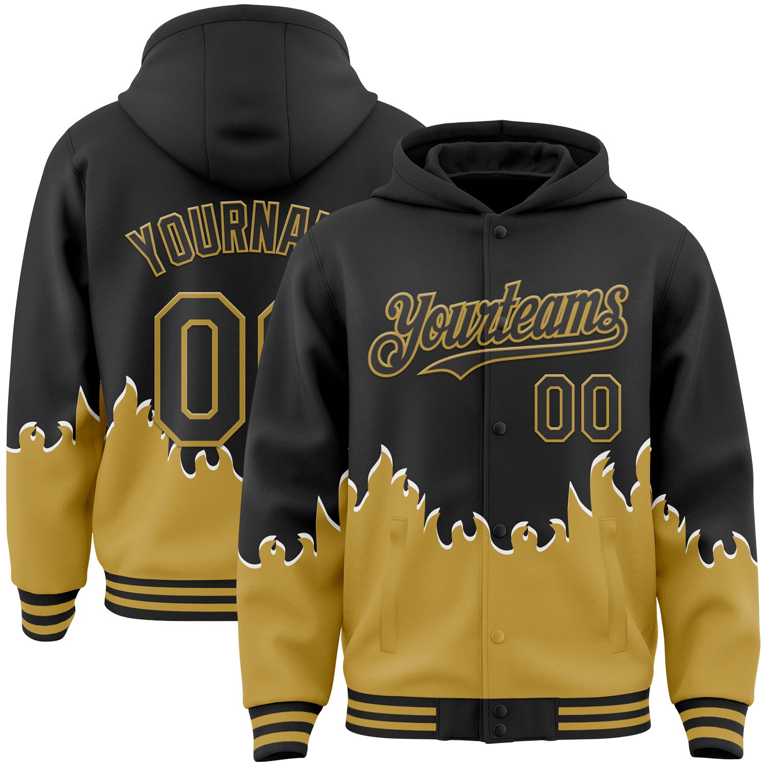 FansIdea Custom Black-Old Gold Fire Flame Bomber Full-Snap Varsity Letterman Hoodie Jacket - $38.99 at Proof Eyewear