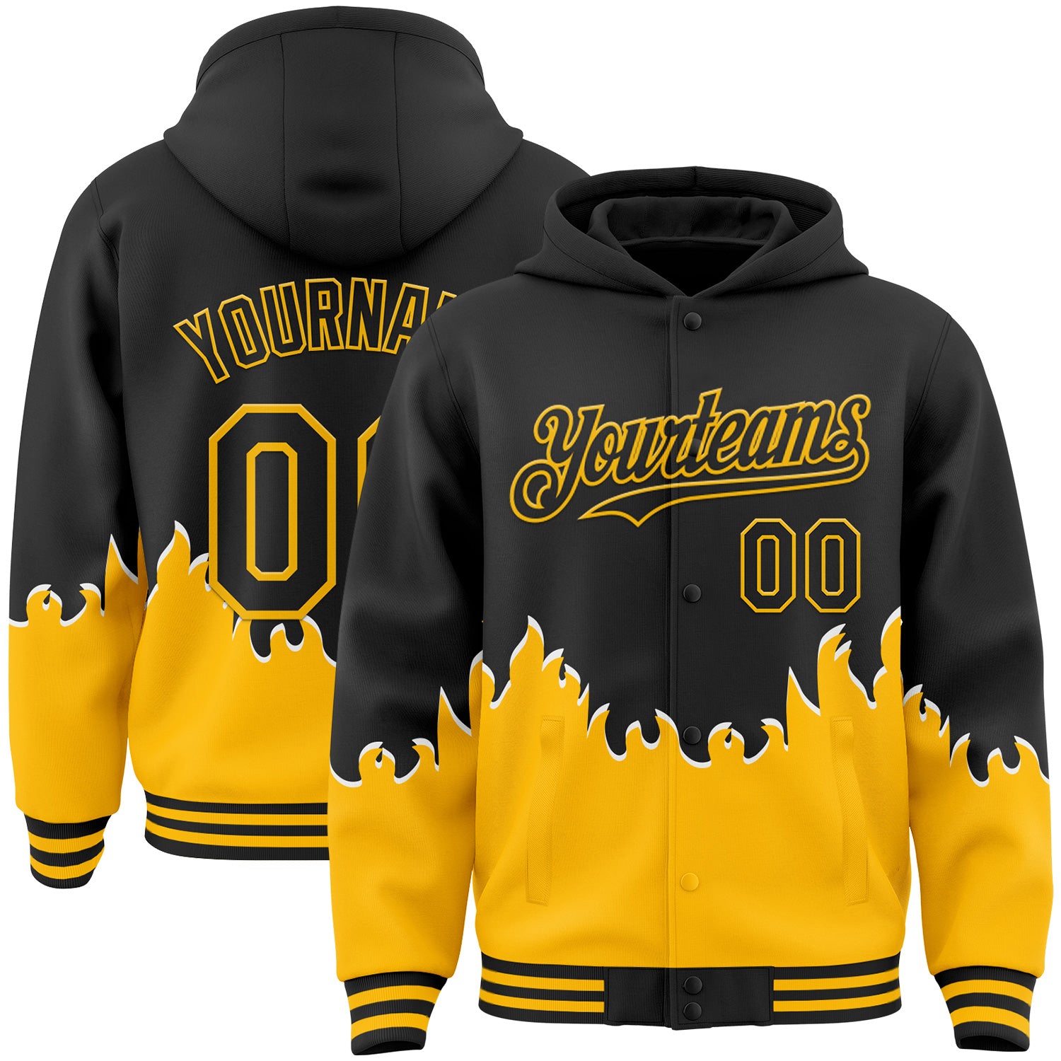 FansIdea Custom Black-Gold Fire Flame Bomber Full-Snap Varsity Letterman Hoodie Jacket - $38.99 at Proof Eyewear