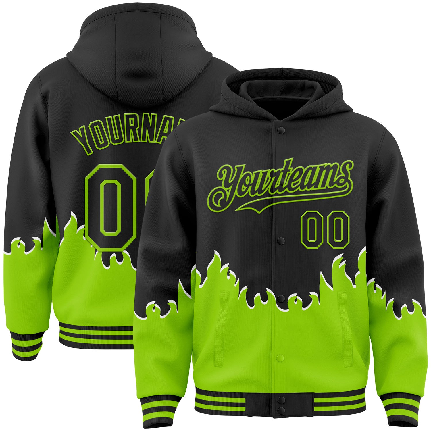 FansIdea Custom Black-Neon Green Fire Flame Bomber Full-Snap Varsity Letterman Hoodie Jacket - $38.99 at Proof Eyewear