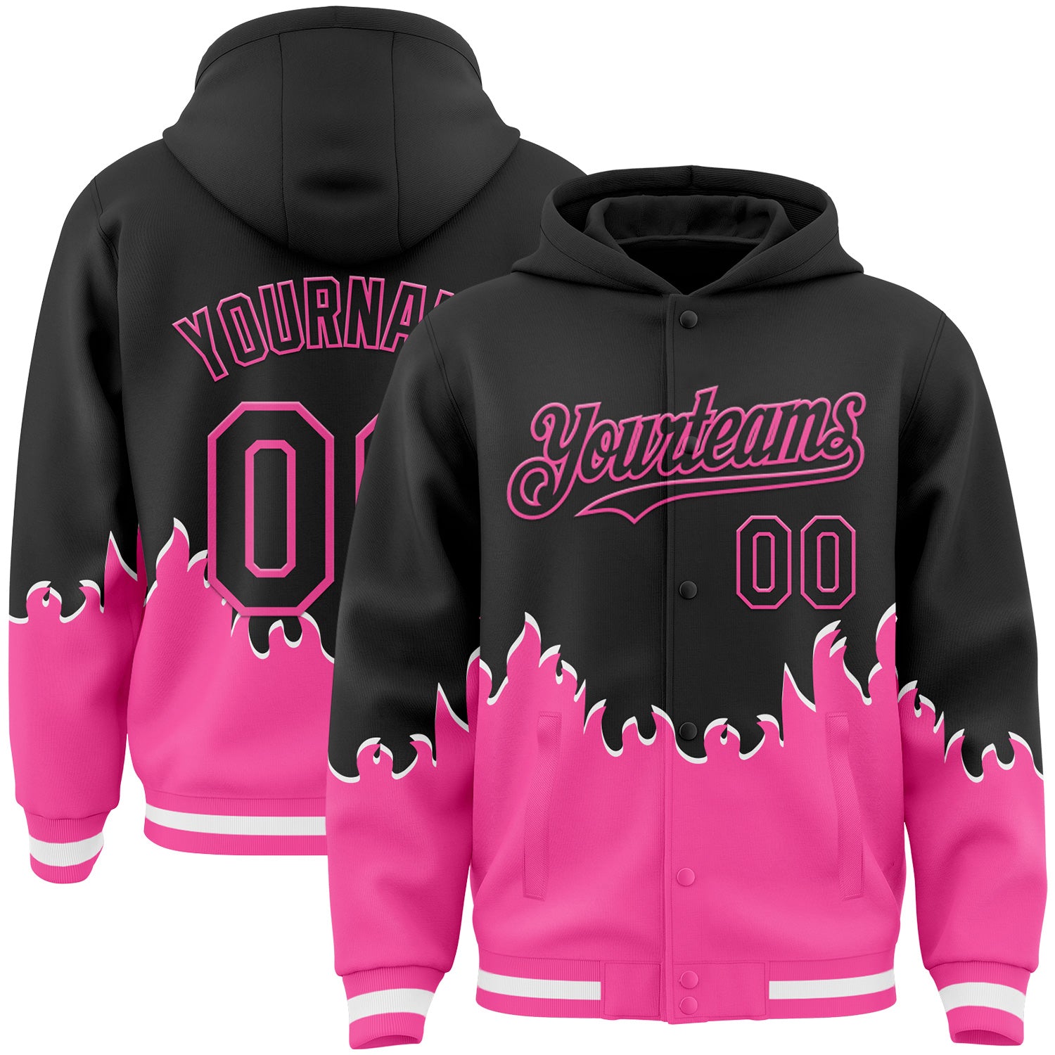 FansIdea Custom Black-Pink Fire Flame Bomber Full-Snap Varsity Letterman Hoodie Jacket - $38.99 at Proof Eyewear