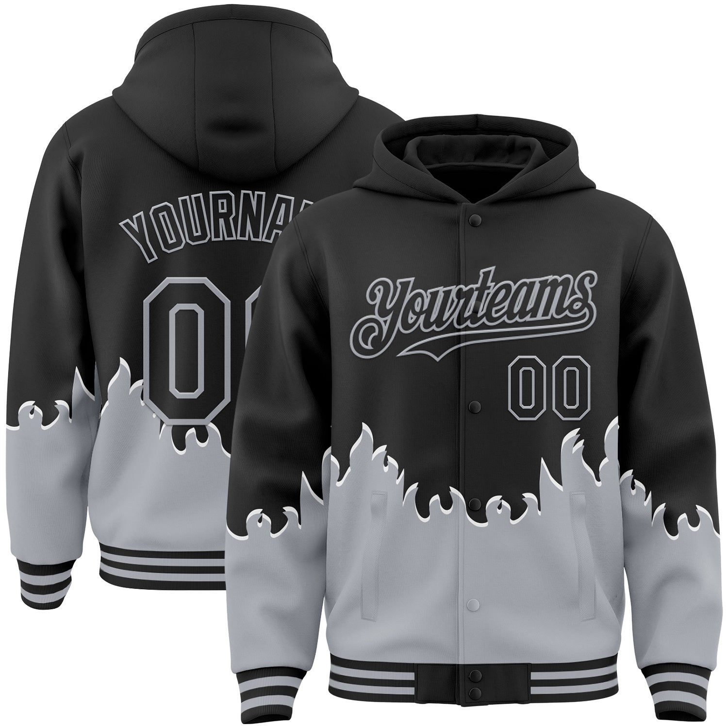 FansIdea Custom Black-Gray Fire Flame Bomber Full-Snap Varsity Letterman Hoodie Jacket - $38.99 at Proof Eyewear