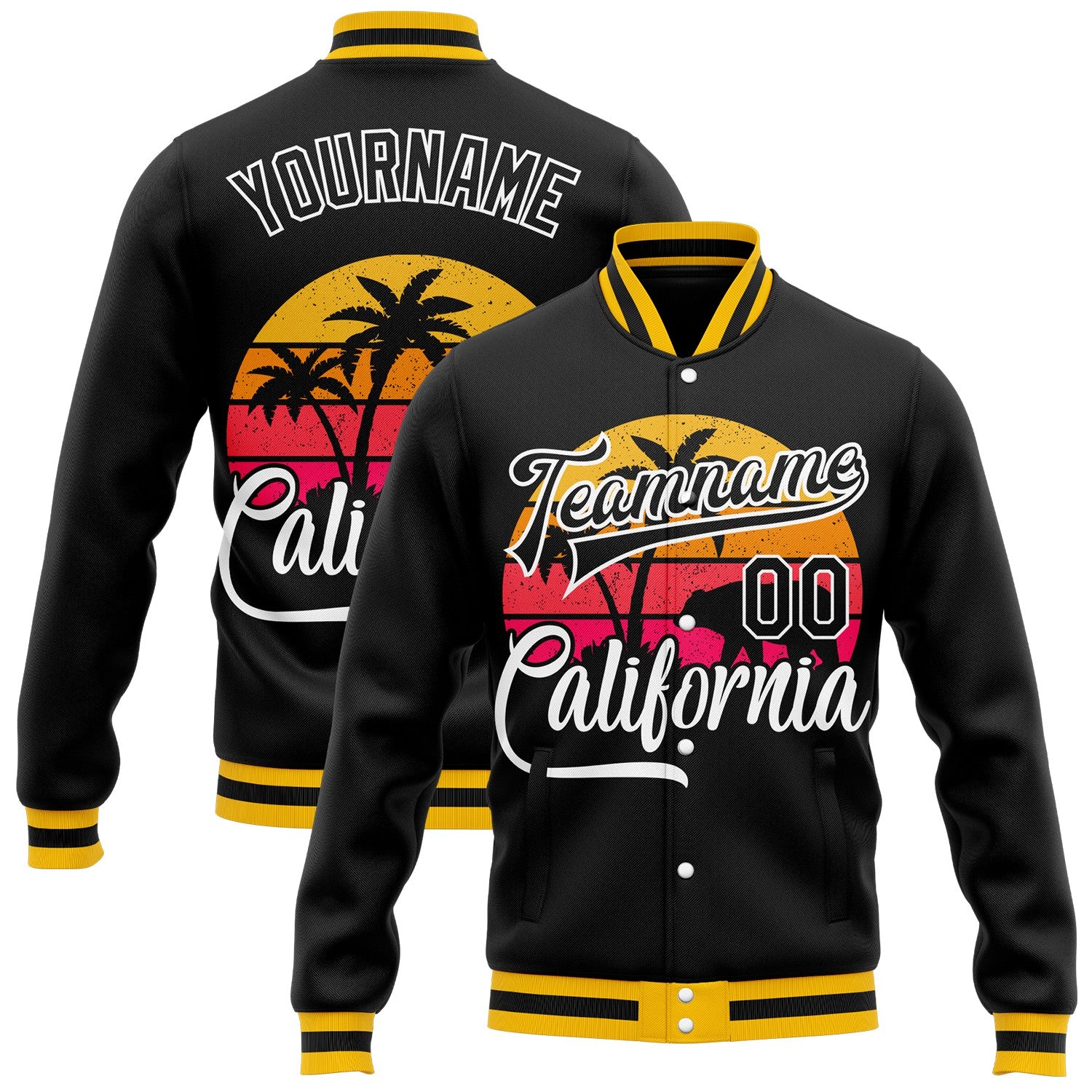 FansIdea Custom Black-White California Bear Tropical Palm Trees Bomber Full-Snap Varsity Letterman Jacket - $38.99 at Proof Eyewear