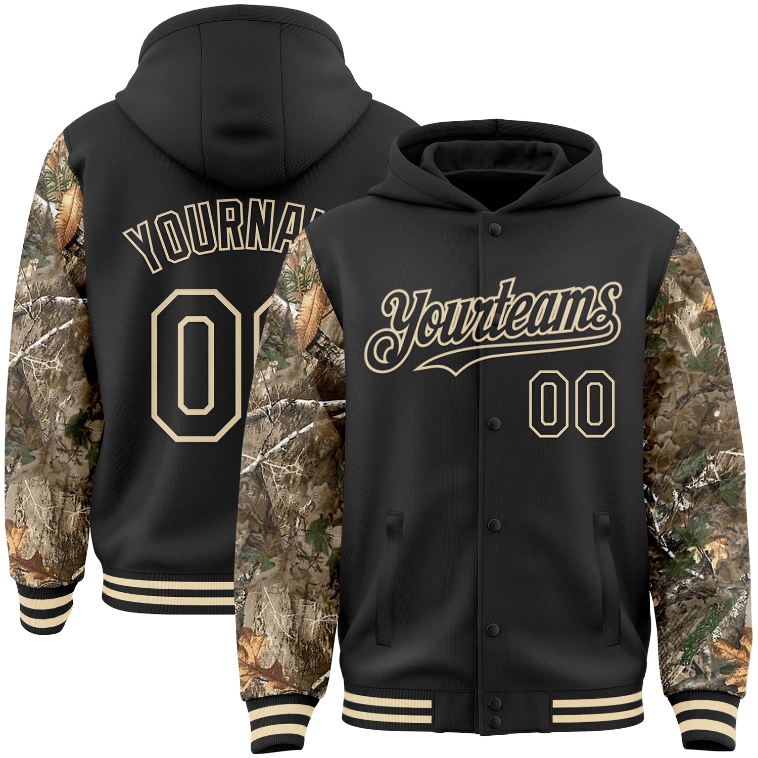 FansIdea Custom Black-Cream Woodland Camo Two Tone Bomber Full-Snap Varsity Letterman Hoodie Jacket - $38.99 at Proof Eyewear