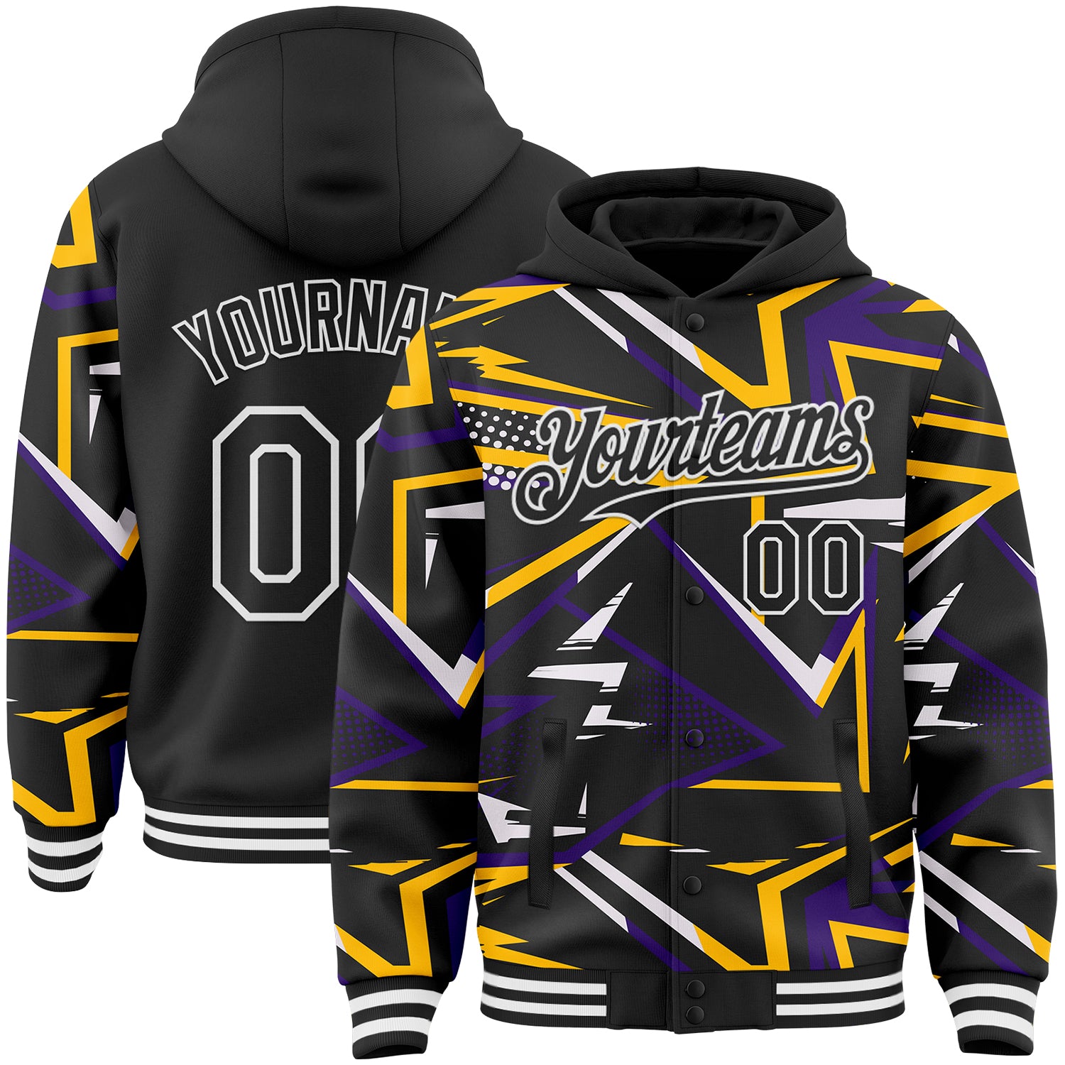 FansIdea Custom Black Purple Gold-White Dynamic Geometric Shard Bomber Full-Snap Varsity Letterman Hoodie Jacket - $38.99 at Proof Eyewear