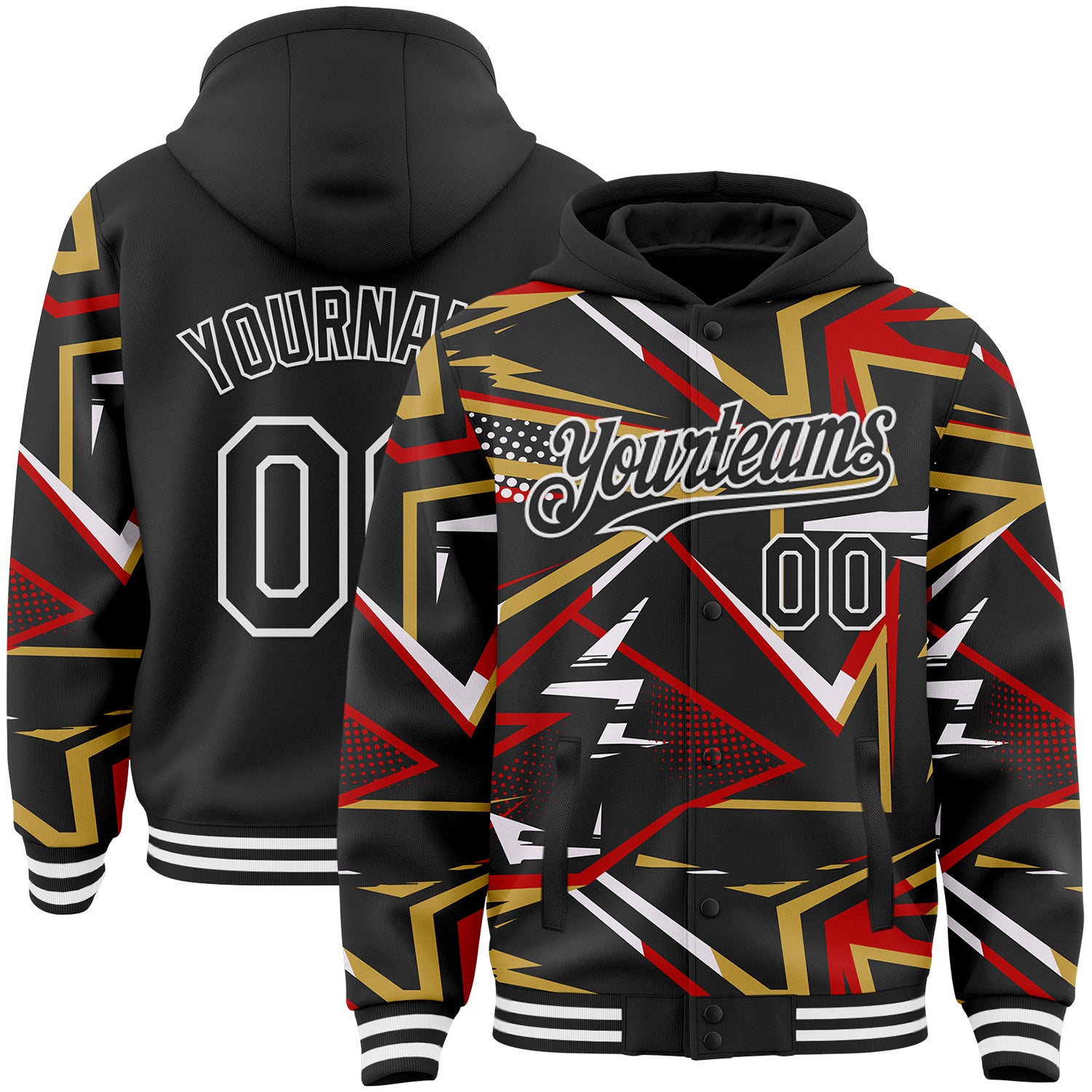 FansIdea Custom Black Red Old Gold-White Dynamic Geometric Shard Bomber Full-Snap Varsity Letterman Hoodie Jacket - $38.99 at Proof Eyewear