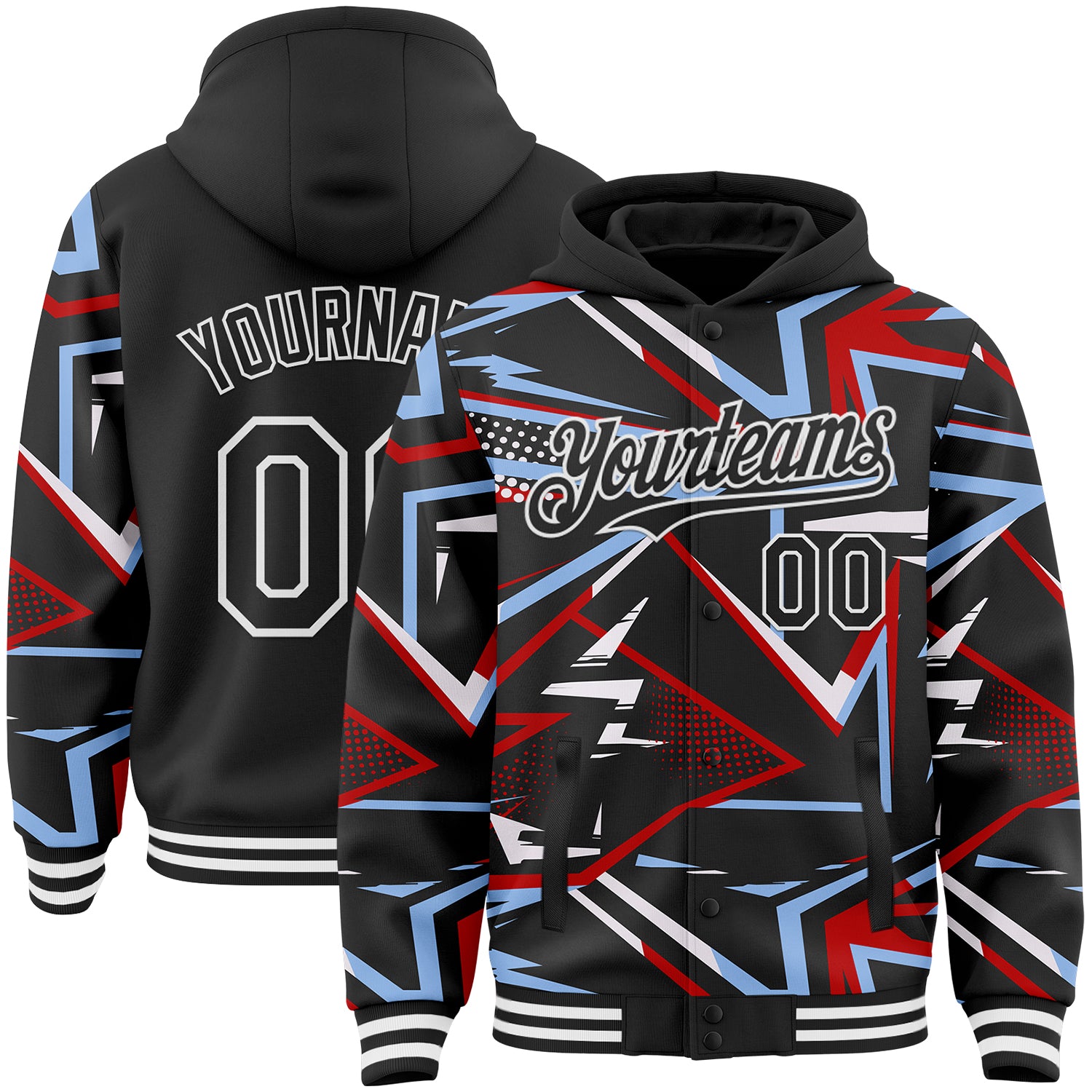 FansIdea Custom Black Red Light Blue-White Dynamic Geometric Shard Bomber Full-Snap Varsity Letterman Hoodie Jacket - $38.99 at Proof Eyewear