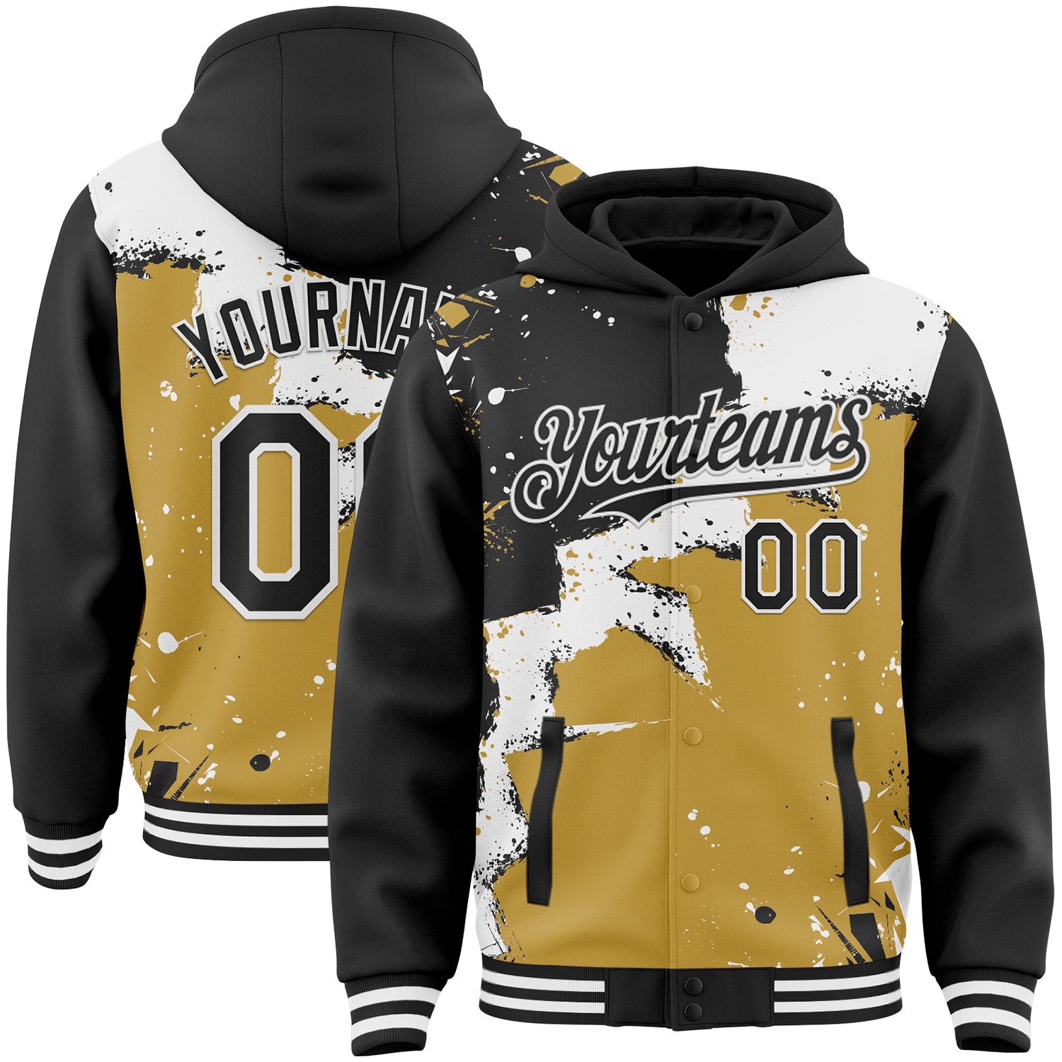 FansIdea Custom Black White-Old Gold Torn Paper Style Paint Splatter Bomber Full-Snap Varsity Letterman Hoodie Jacket - $38.99 at Proof Eyewear