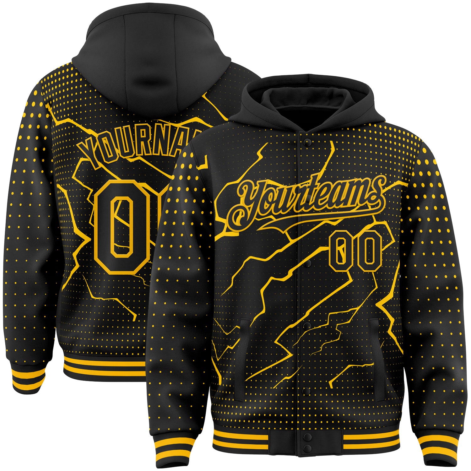 FansIdea Custom Black-Gold Lightning Polka Dot 3D Pattern Bomber Full-Snap Varsity Letterman Hoodie Jacket - $38.99 at Proof Eyewear