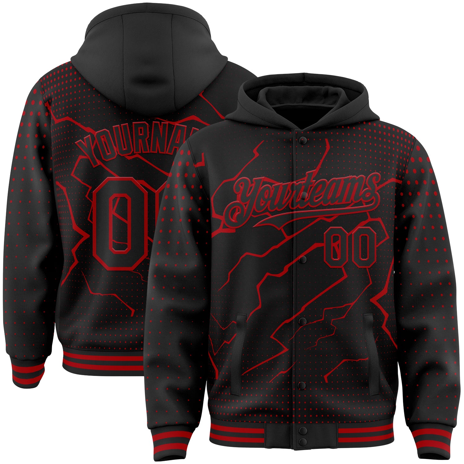 FansIdea Custom Black-Red Lightning Polka Dot 3D Pattern Bomber Full-Snap Varsity Letterman Hoodie Jacket - $38.99 at Proof Eyewear
