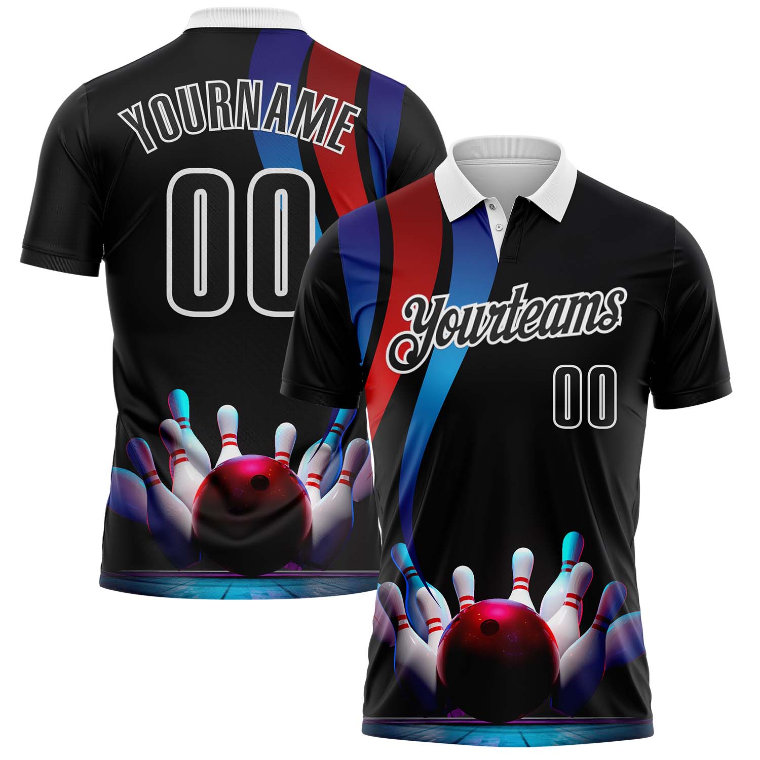 FansIdea Custom Black Red Blue-White Bowling Strike American Inspired Performance Polo Shirt - $19.99 at Proof Eyewear