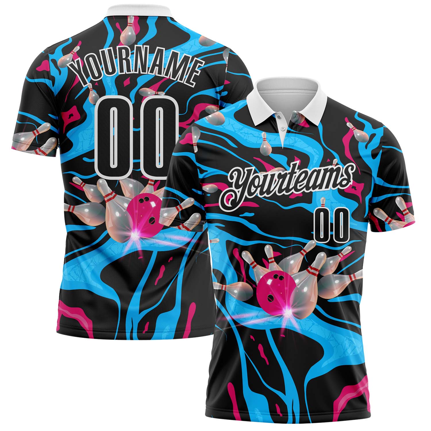 FansIdea Custom Black Blue Red-White Bowling Strike Fluid Liquid Performance Polo Shirt - $19.99 at Proof Eyewear