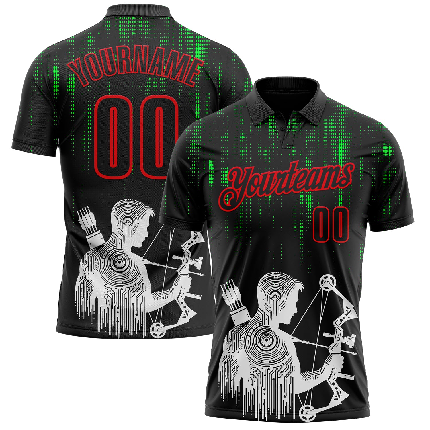 FansIdea Custom Black-Fire Red Bow And Arrow Archery Shooter Performance Polo Shirt - $19.99 at Proof Eyewear