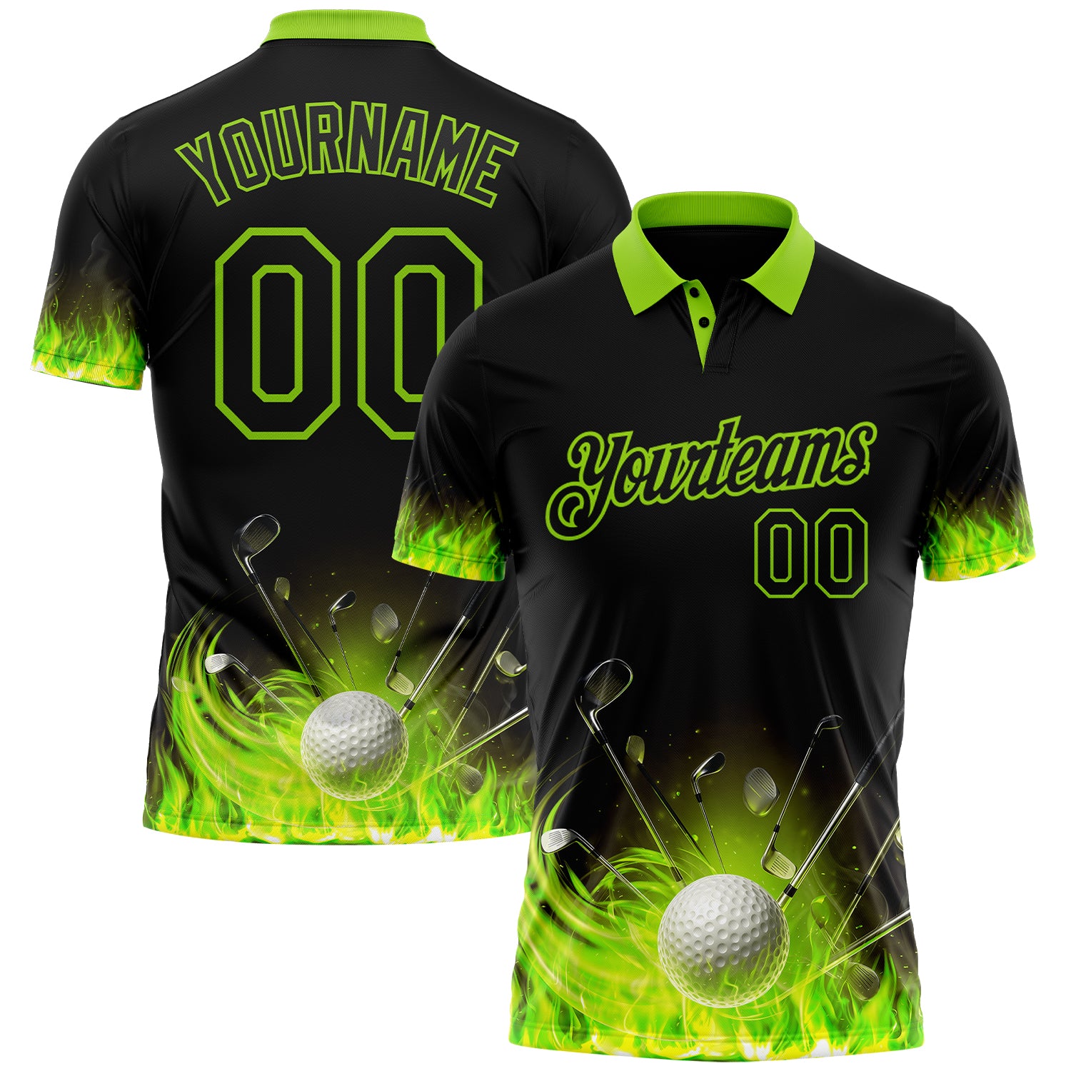 FansIdea Custom Black-Neon Green Flame Golf Ball 3D Pattern Performance Polo Shirt - $19.99 at Proof Eyewear