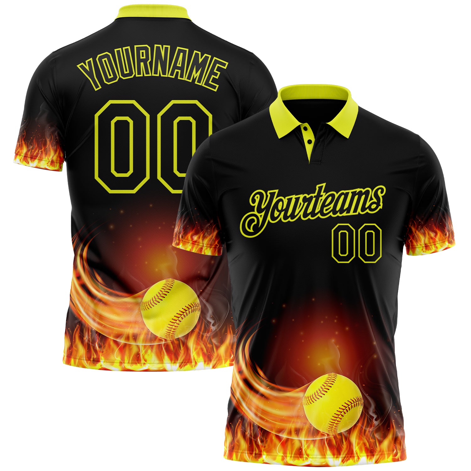 FansIdea Custom Black-Neon Yellow Flame Softball Ball 3D Pattern Performance Polo Shirt - $19.99 at Proof Eyewear