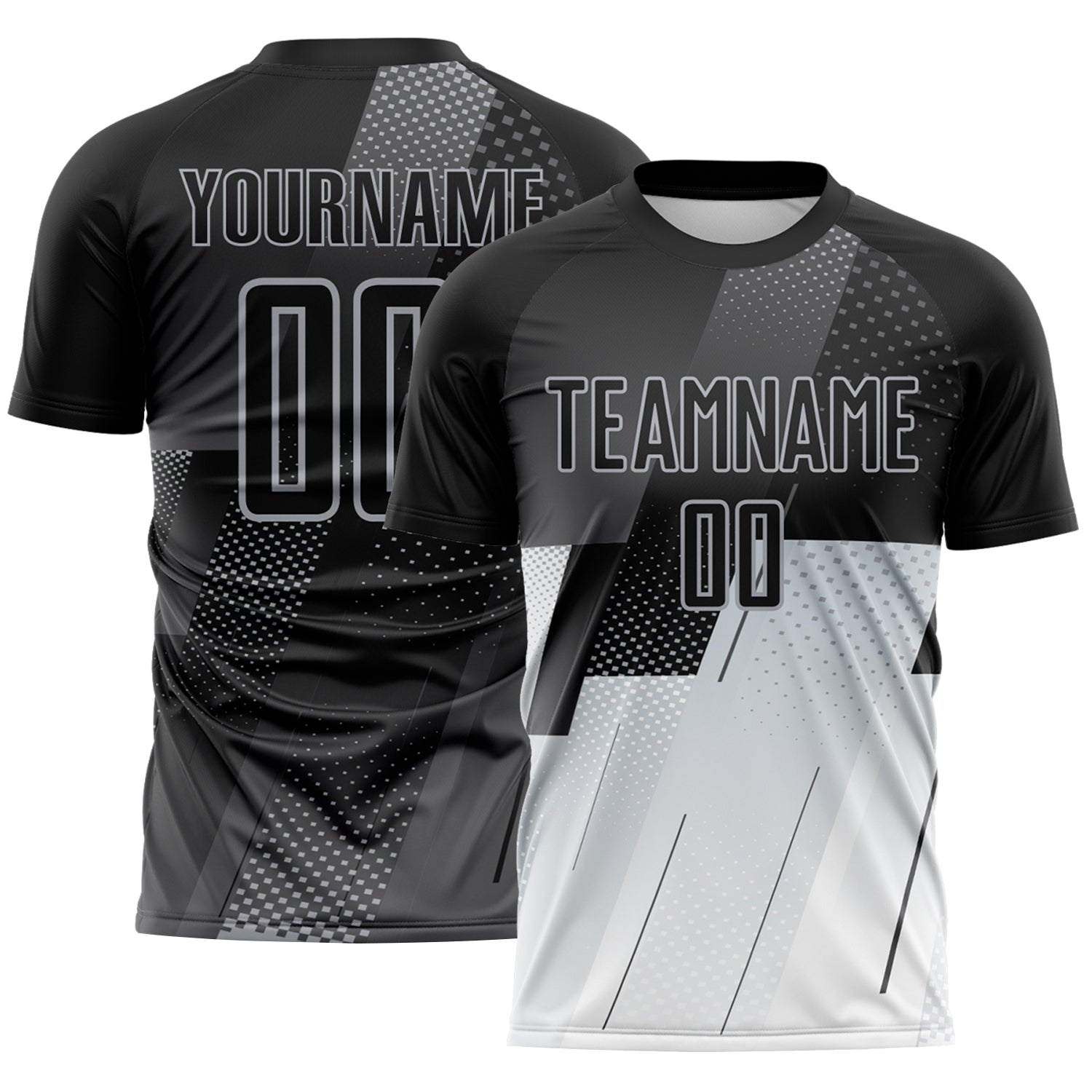 FansIdea Custom Black Gray-White Geometric Diagonal Block Halftone Grid Sublimation Soccer Uniform Jersey - $16.99 at Proof Eyewear