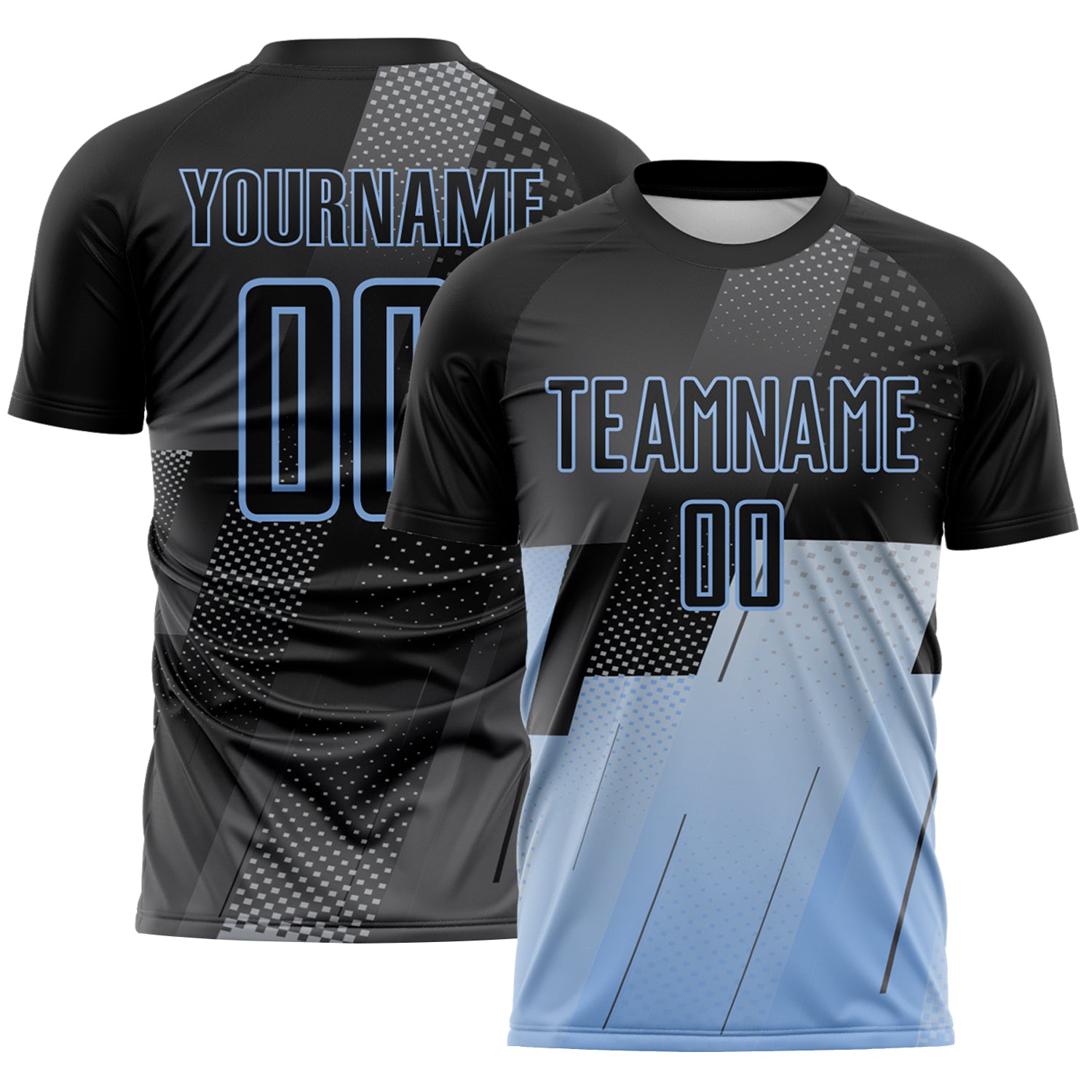FansIdea Custom Black Gray-Light Blue Geometric Diagonal Block Halftone Grid Sublimation Soccer Uniform Jersey - $16.99 at Proof Eyewear