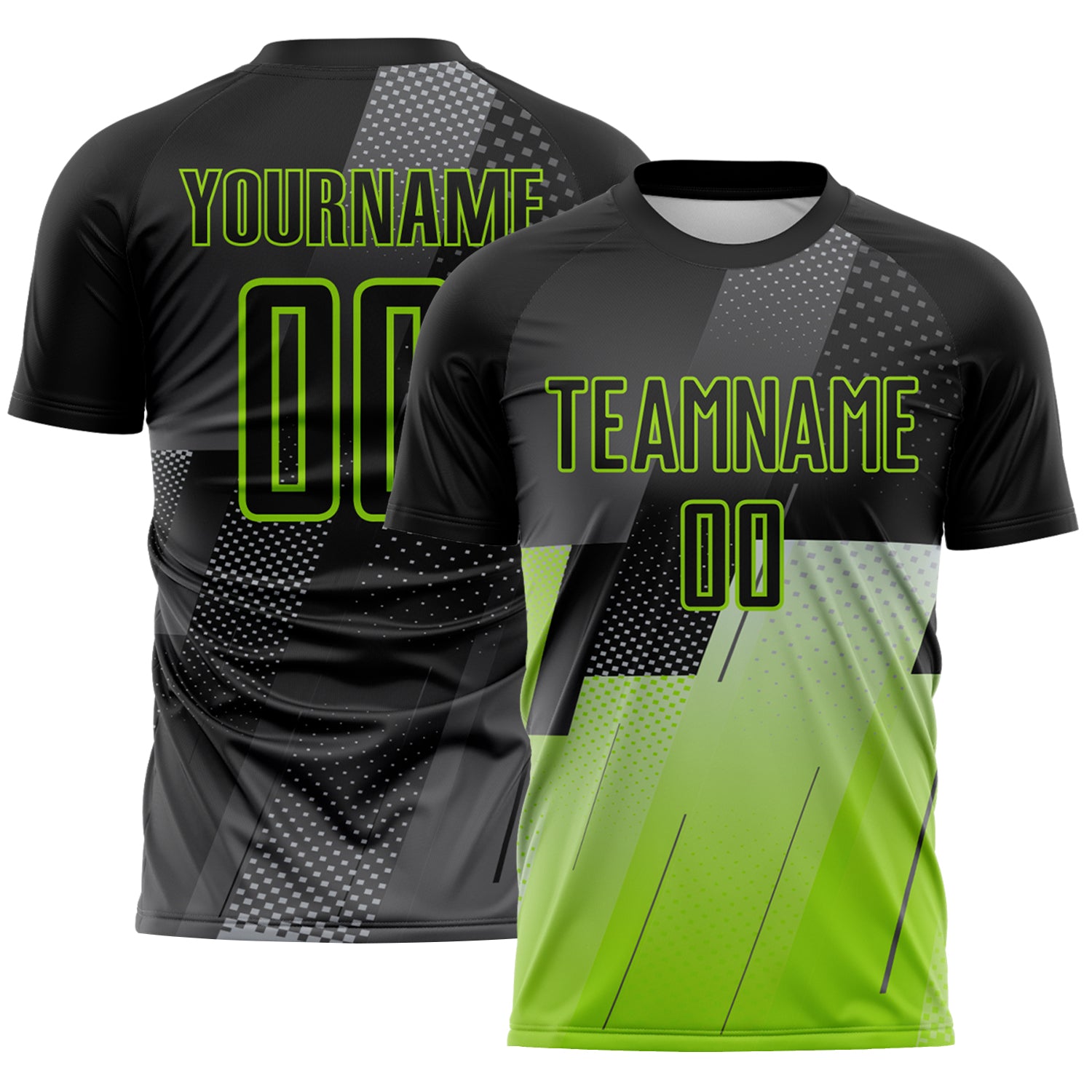 FansIdea Custom Black Gray-Neon Green Geometric Diagonal Block Halftone Grid Sublimation Soccer Uniform Jersey - $16.99 at Proof Eyewear