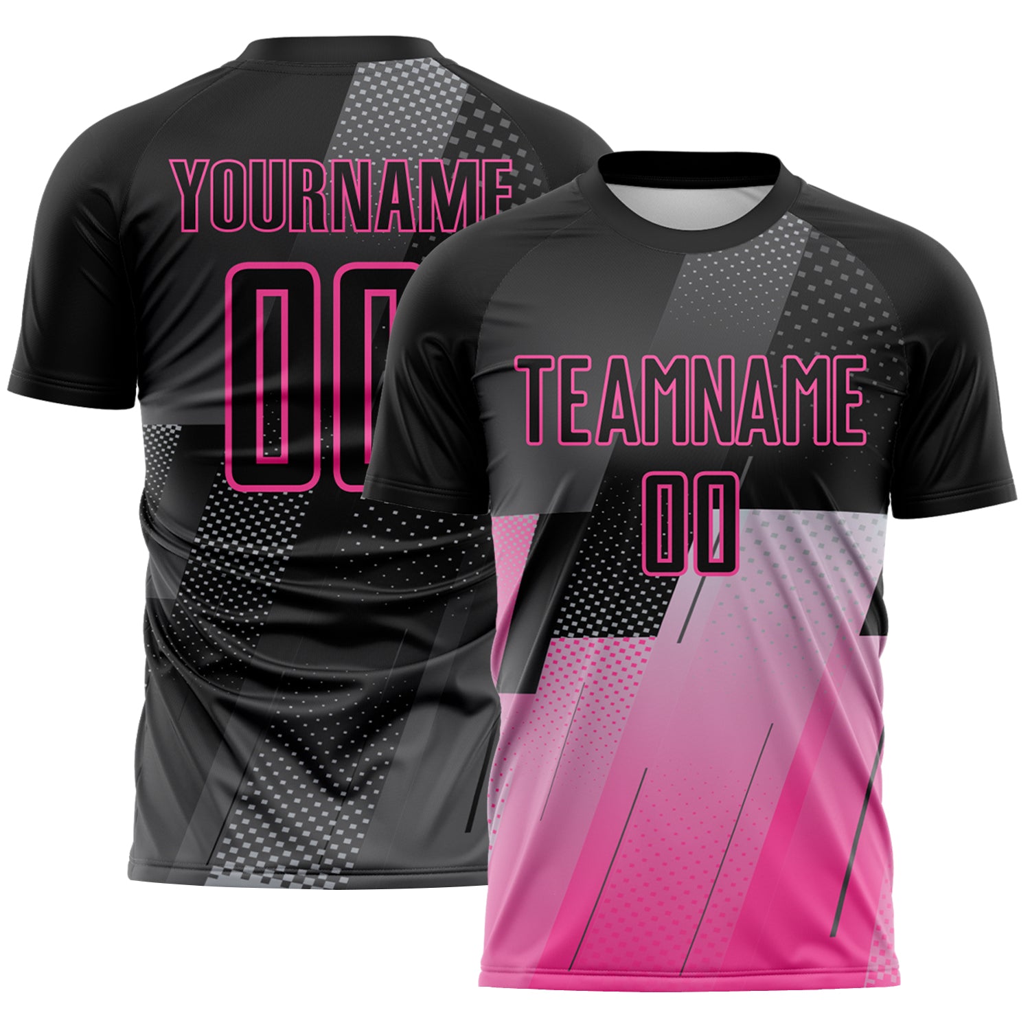 FansIdea Custom Black Gray-Pink Geometric Diagonal Block Halftone Grid Sublimation Soccer Uniform Jersey - $16.99 at Proof Eyewear