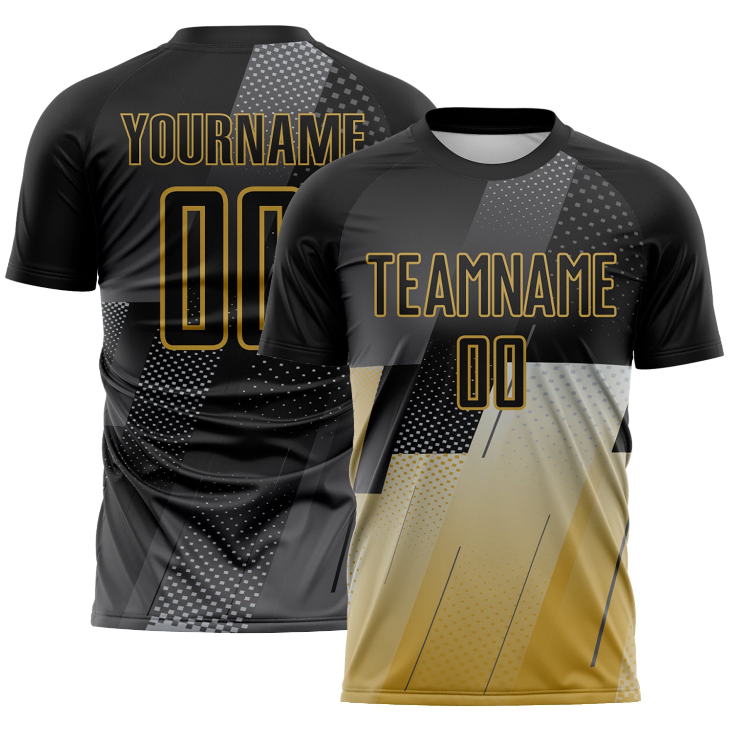 FansIdea Custom Black Gray-Old Gold Geometric Diagonal Block Halftone Grid Sublimation Soccer Uniform Jersey - $16.99 at Proof Eyewear